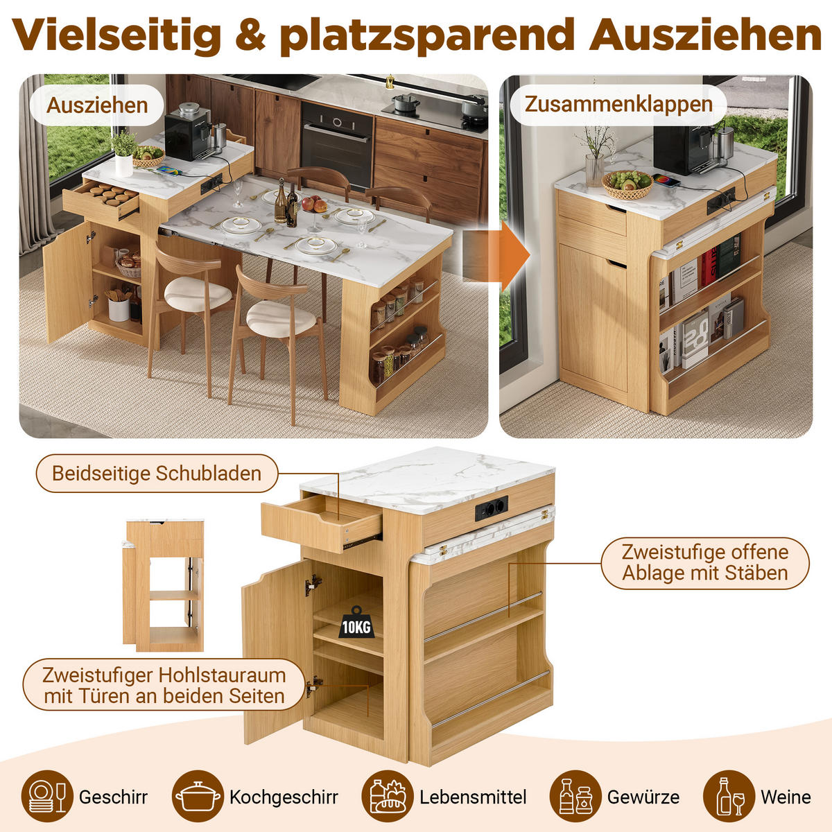 KÜCHENINSEL ausziehbar 55-153/80/93 cm DE-39575 Natur - Naturfarben, Holzwerkstoff (80/93/56.2cm) - ComfortXL