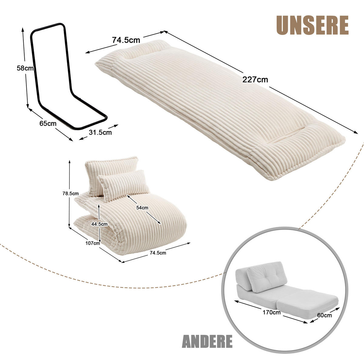 SCHLAFSESSEL 2-in-1, Cord, Metall--Rückenlehne, 227cm Länge, Beige - Beige, Textil/Metall (74.5/78.5/107cm) - LVHOM