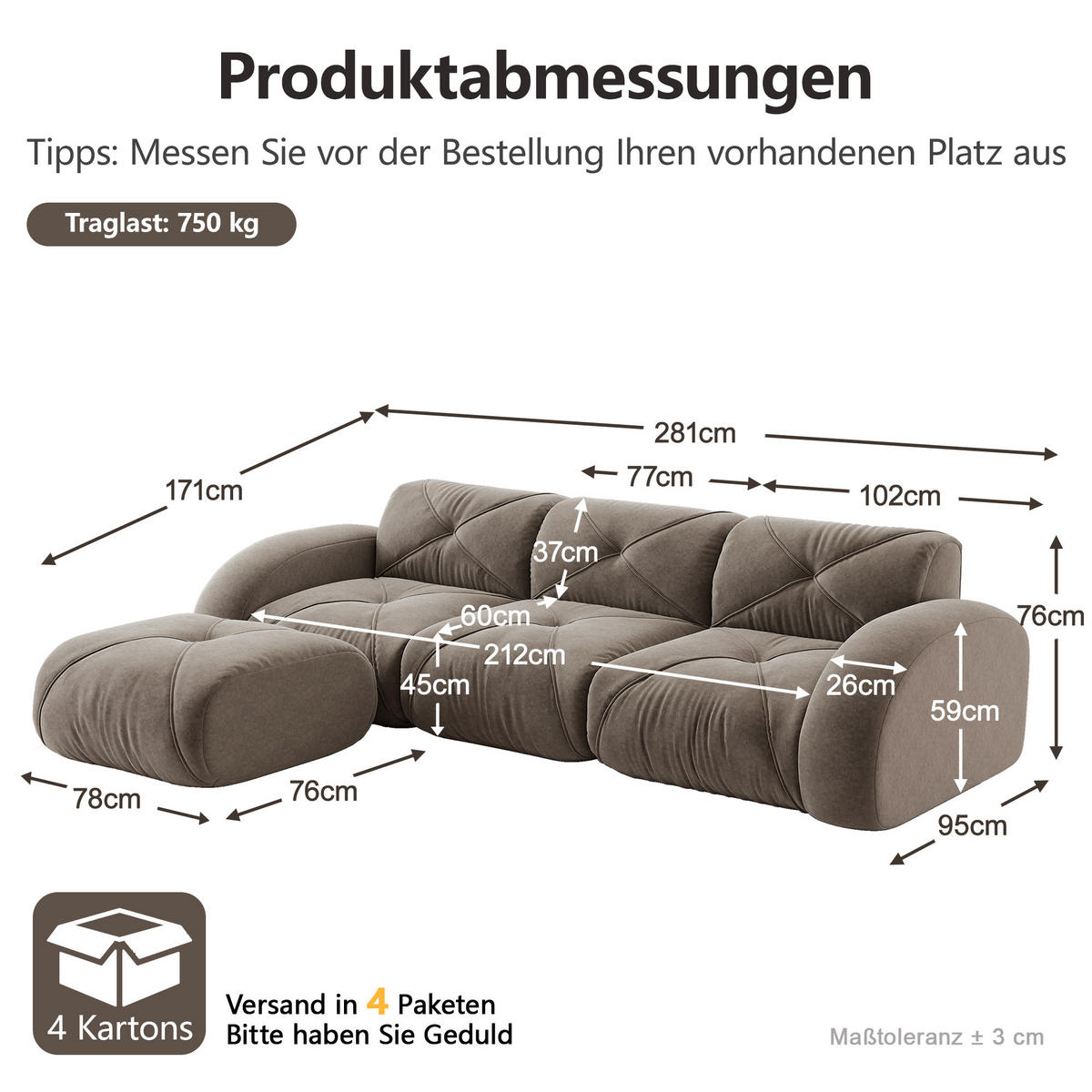 ECKSOFA DE-34276 3-Sitzer mit Fußstütze Braun - Taupe, Textil (171/281cm) - ComfortXL