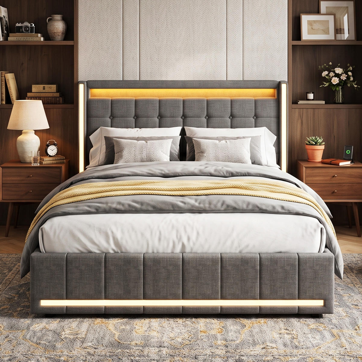 POLSTERBETT Geometrisch 140/200 cm mit 4 Schubladen & App-LED Leinenoptik Grau - Grau, Textil (140/200cm) - Creahappy
