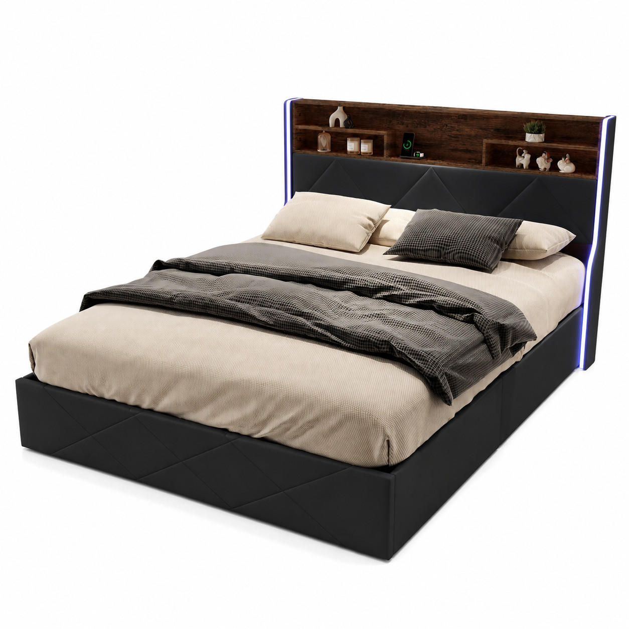 POLSTERBETT 160/200 cm mit Hydraulik-Bettkasten, Holz-Ablagekopfteil, Seiten-LED und USB-Anschluss - Schwarz, Holz/Metall (160/200cm) - Joyfair