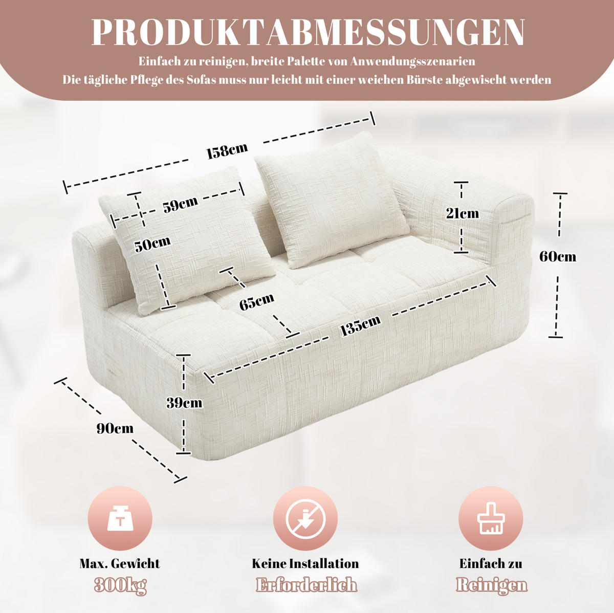 SOFA mit Seitentaschen ca. 158 x 90 cm Chenille Beige - Beige, Kunststoff (158/60/90cm) - Meubliv