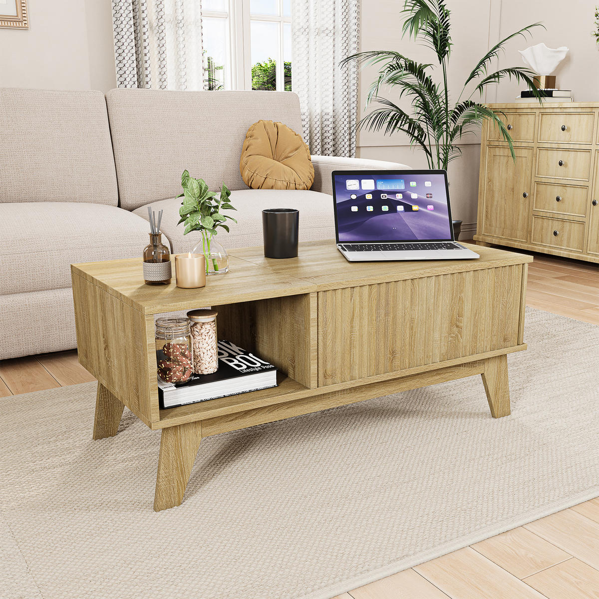 COUCHTISCH höhenverstellbar, holzoptik, mit stauraum - Eichefarben, Holz (95/48/42cm) - SHOPENTRA