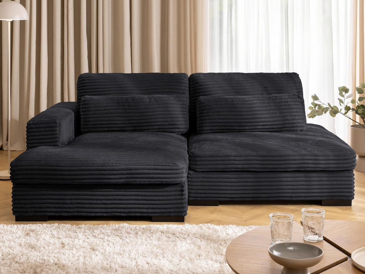 ECKSOFA Wolke mit tiefer Sitzfläche, Schlaffunktion und praktischem Bettkasten aus weichem Schwarz Cordstoff - Schwarz, Holz/Kunststoff (162/225cm) - S-Style