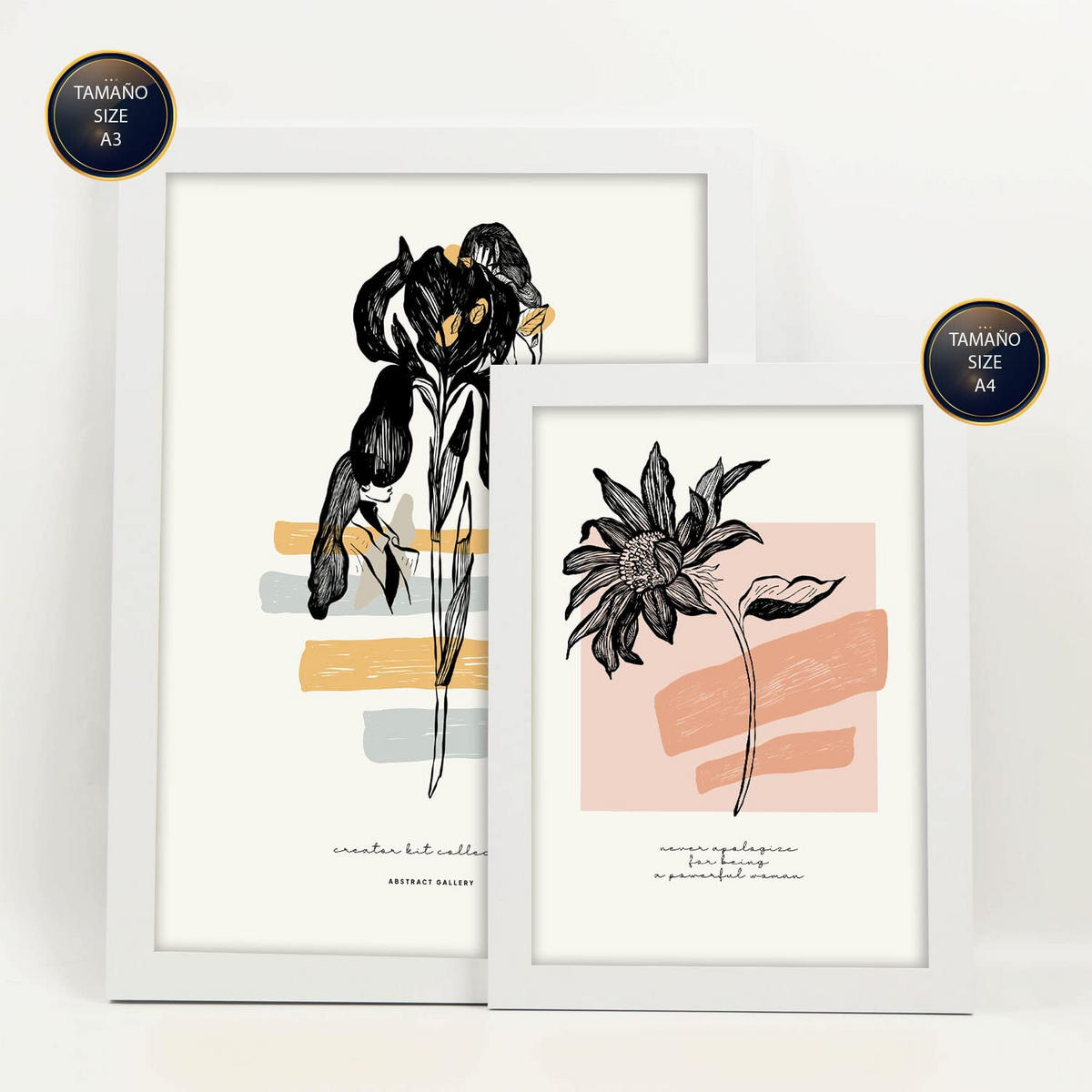 POSTER Set Mit 6 Schwarze Tintenblumen Größe A3 & A4 Weißer Rahmen - Weiß, Papier (29.7/1cm) - Nacnic