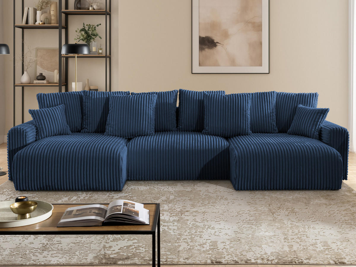 WOHNLANDSCHAFT Calma mit Schlaffunktion und Bettkasten im Bumpy-Design aus weichem Marineblau Plüschcord - Blau/Beige, Holz/Textil (336/88/140cm) - S-Style