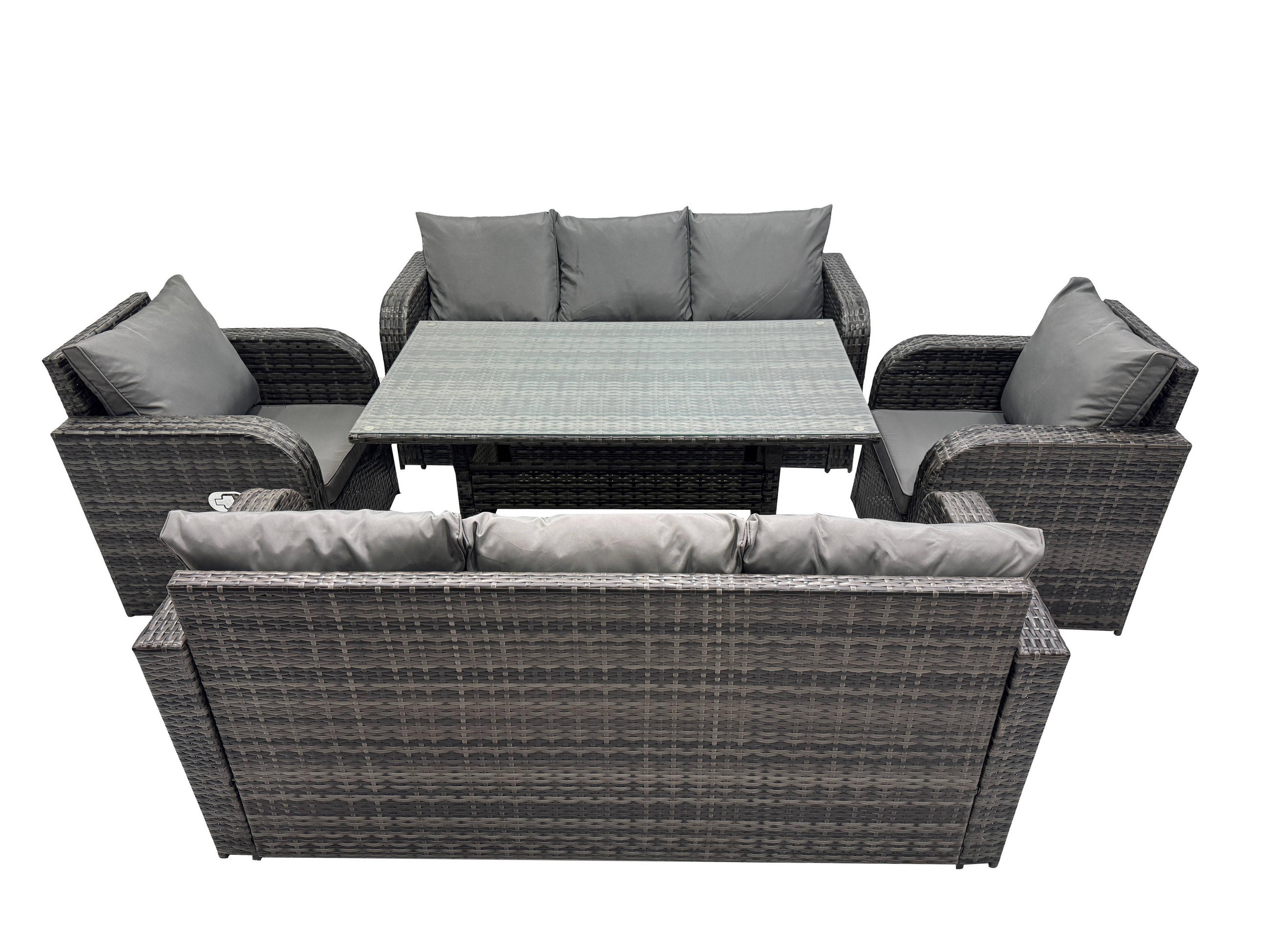 LOUNGEGARNITUR mit Esstisch Polyrattan Dunkelgrau 8-Sitzer - Dunkelgrau/Grau, Glas/Kunststoff - Fimous