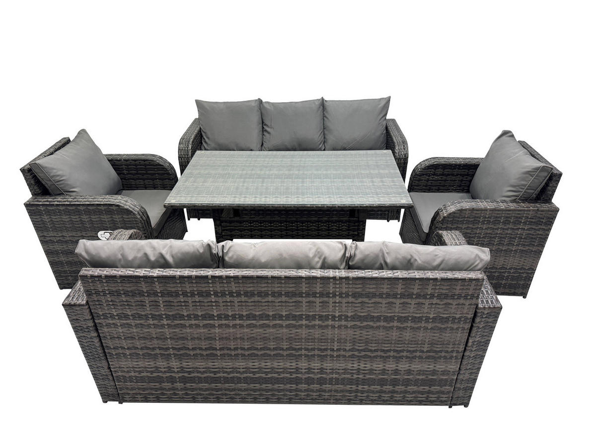 LOUNGEGARNITUR mit Esstisch Polyrattan Dunkelgrau 8-Sitzer - Dunkelgrau/Grau, Glas/Kunststoff - Fimous