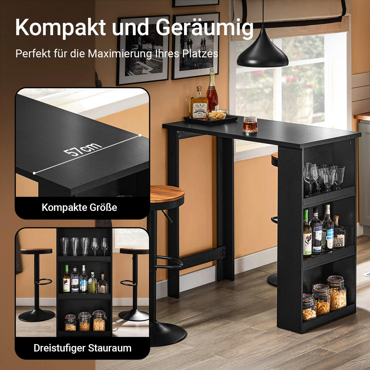 BARTISCH mit 3 Ablageflächen, Schwarz 112x106x57 cm - Schwarz, Holzwerkstoff (57/112/106cm) - SoBuy