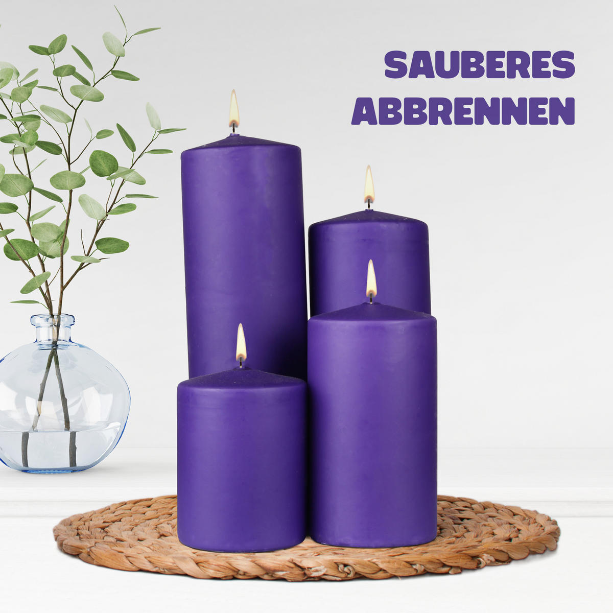 STUMPENKERZEN 4er Pack "Lila", Größe Ø7cm x Höhe: 16 cm - Lila, Naturmaterialien (7/16cm) - Bestlivings