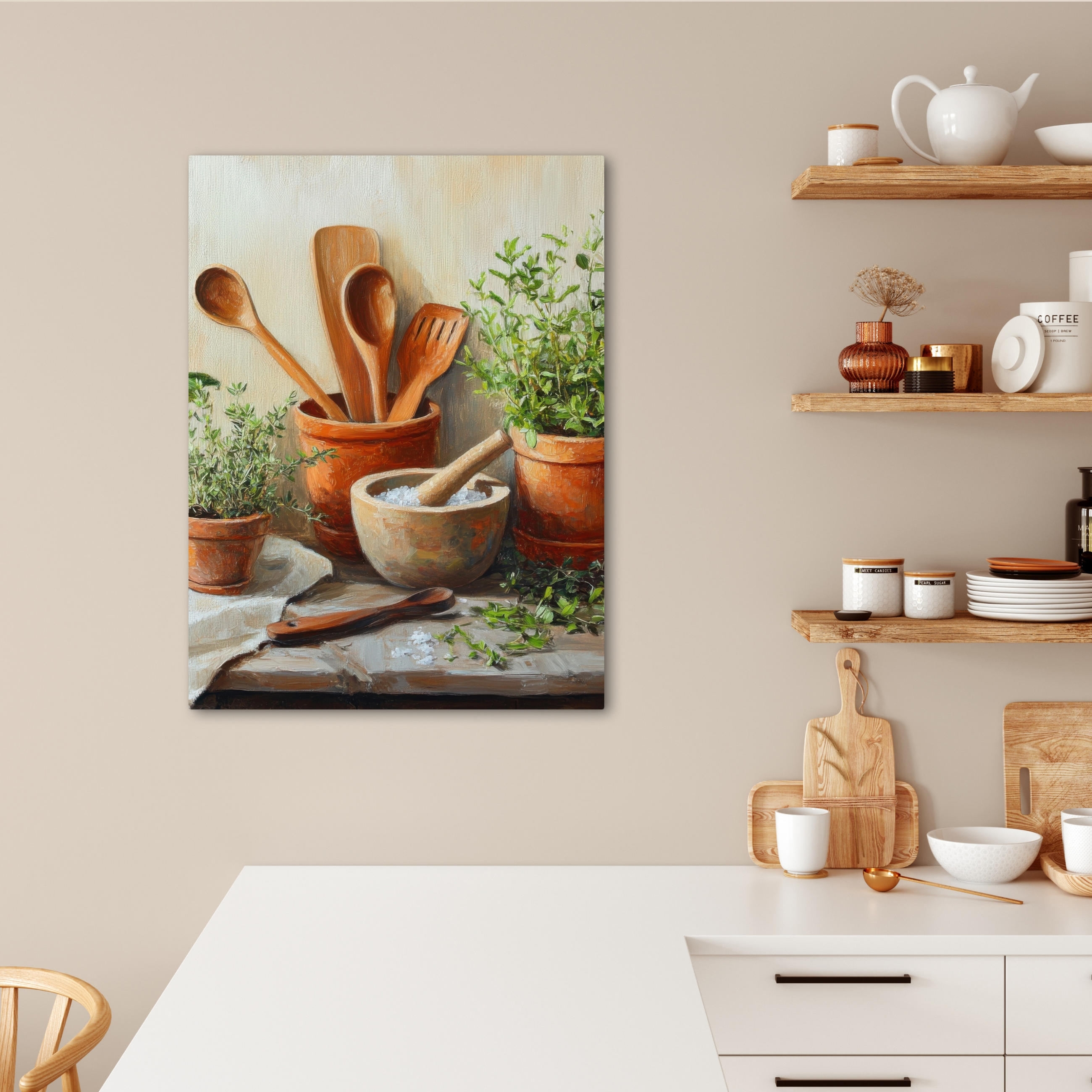 LEINWANDBILD Töpfe - Kräuter - Holz 60x80 cm - Terracotta, Textil (60/80cm) - MuchoWow