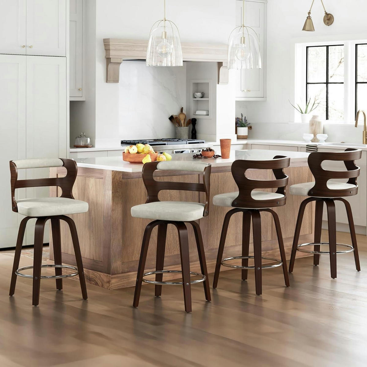 BARHOCKER 2er Set mit Lehne und Armlehnen 66 cm Hoch Holz Kunstleder Beige+Dark Walnut - Beige, Holz (54/94/94cm)