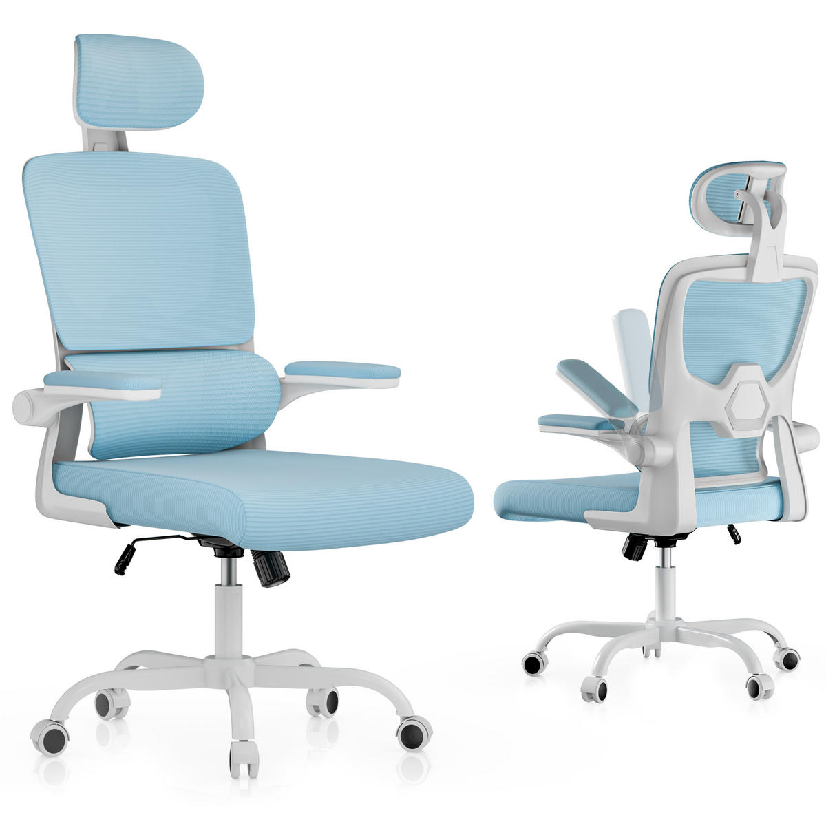 BÜROSTUHL Weiß-Blau ergonomisch mit klappbaren Armlehnen - Blau, Metall (25/52.5/65cm) - Rattrix