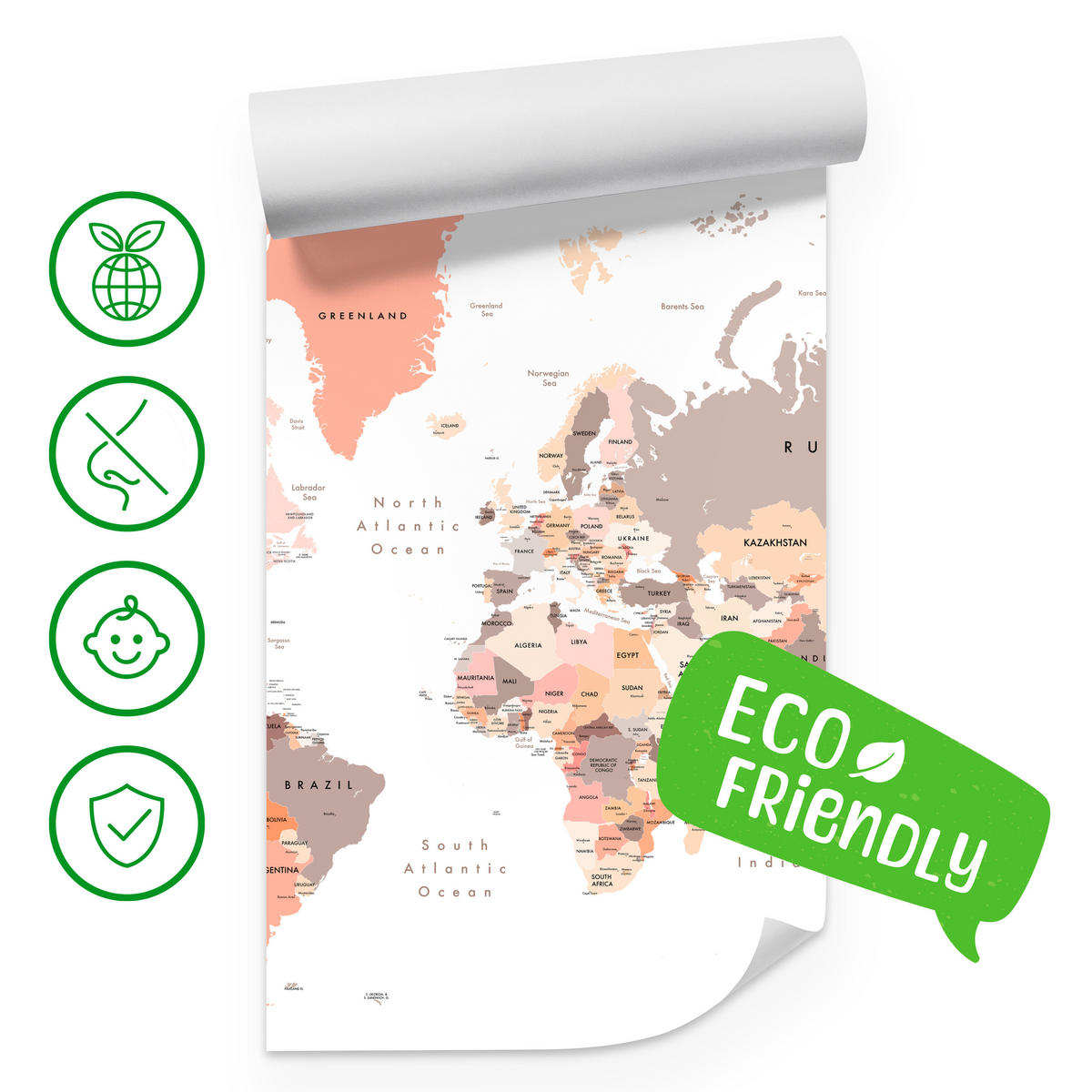 FOTOTAPETE für Büro Pastell Weltkarte Kontinente Ozean Länder 450x315 - Beige/Schwarz, Papier (450/315cm) - Muralo