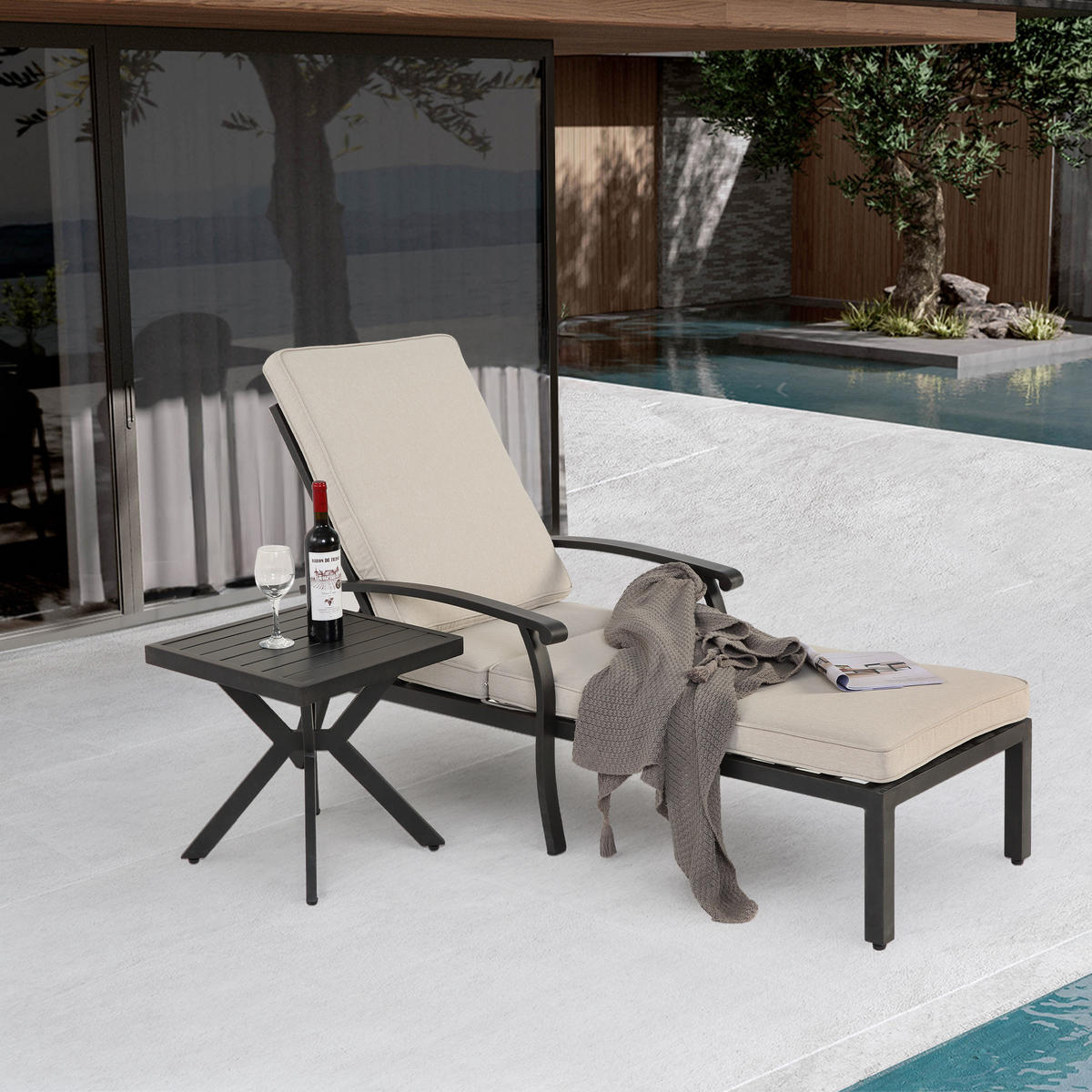 LOUNGE STUHL Patio Stuhl mit Baumwollkissen Beige 2-tlg - Beige, Metall (58/100/204cm) - ComfortXL