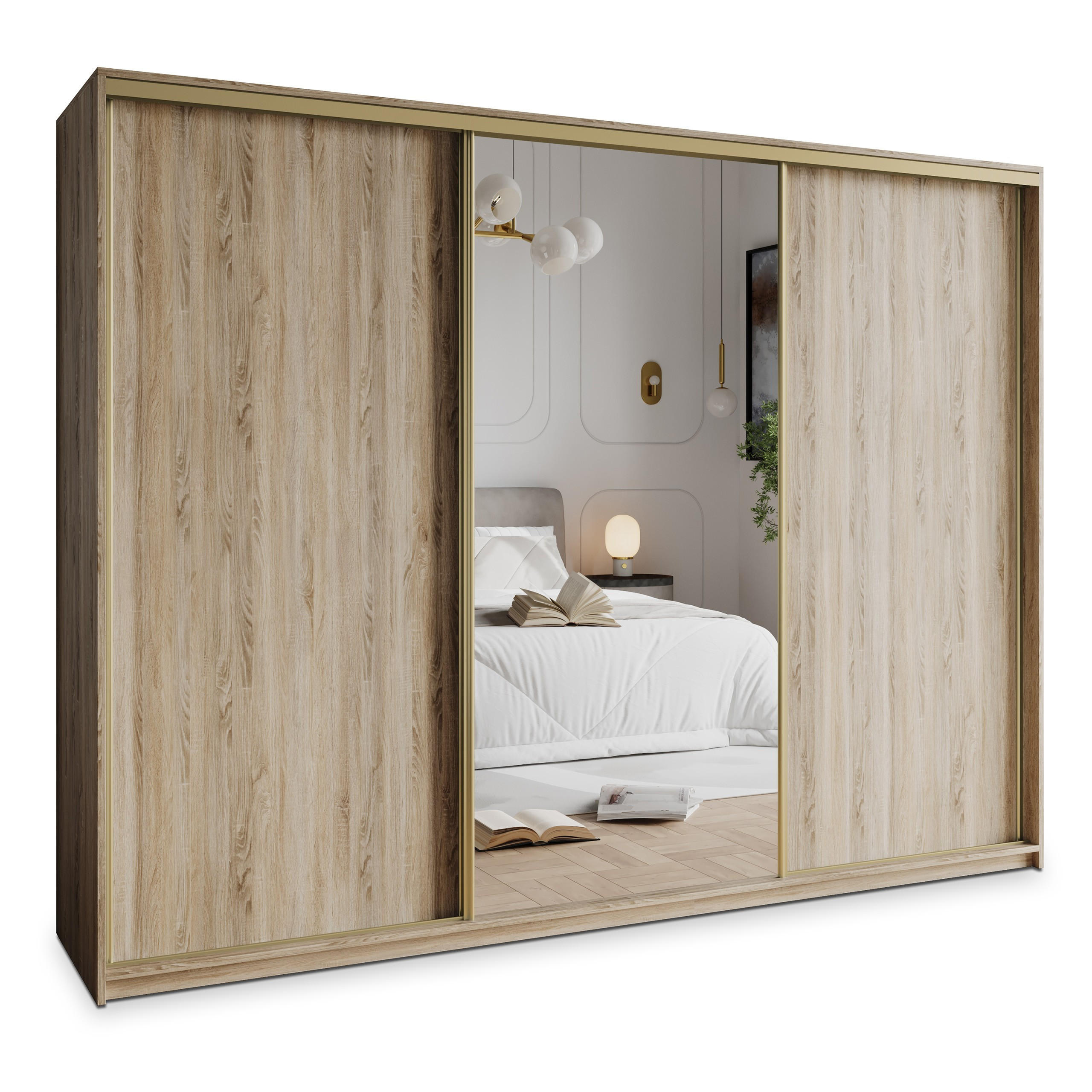 Masseno Schwebetürenschrank Sonoma Eiche, Gold 250x205x60 cm