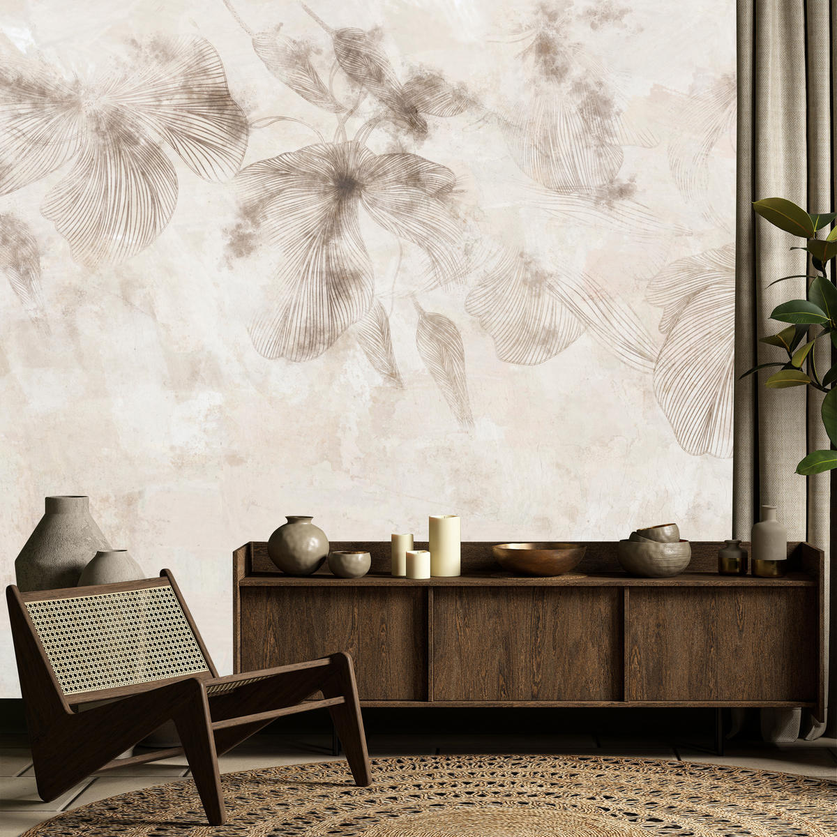 FOTOTAPETE für Wohnzimmer Boho Blumen auf Beton Natur Vintage 250x175 - Beige/Braun, Papier (250/175cm) - Muralo