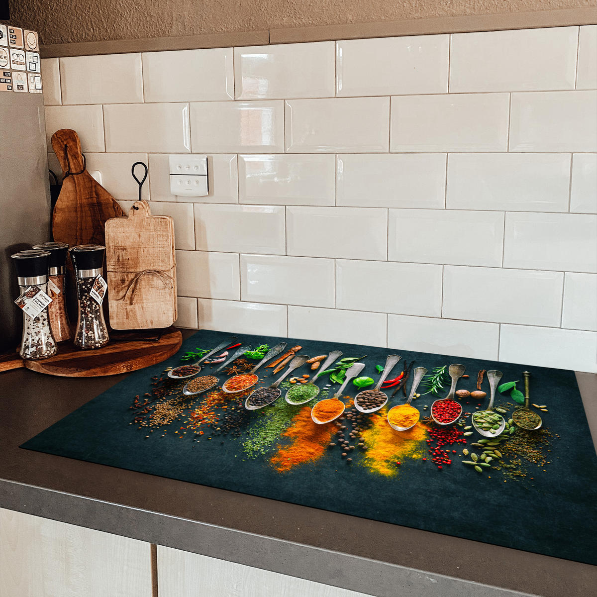 HERDABDECKPLATTE Kräuter - Gewürze - Löffel 81x52 cm - Multicolor, Kunststoff (81/0.2/52cm) - MuchoWow