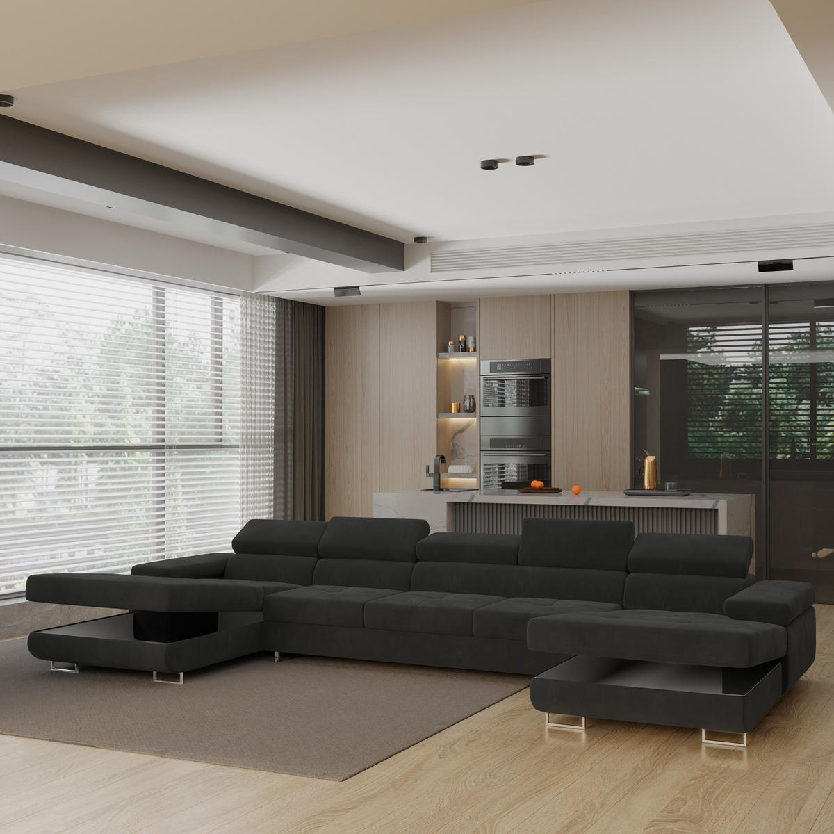 WOHNLANDSCHAFT OMBRA Schwarz Velours-Stoff mit Schlaffunktion - Schwarz, Holz (425/90/202cm) - MASSENO