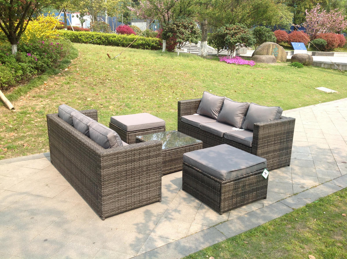 GARTENSET Polyrattan 8-Sitzer - Dunkelgrau/Grau, Glas/Kunststoff - Fimous