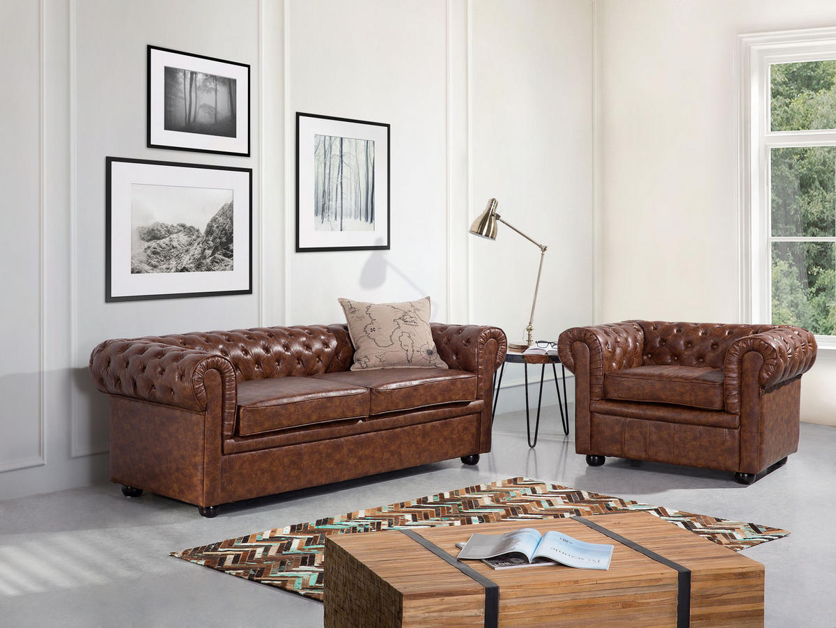 SOFA Kunstleder Goldbraun Chesterfield - Goldfarben, Kunststoff/Textil (195/70/75cm) - Beliani
