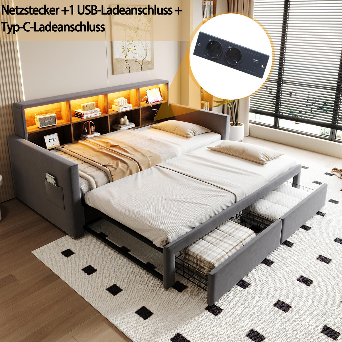 POLSTERBETT aus Samt 90/190 cm mit Ausziehfunktion, LED, USB-C, Stauraum im Kopfteil und 2 Schubladen, Dunkelgrau - Dunkelgrau, Textil (90/190cm) - Redom