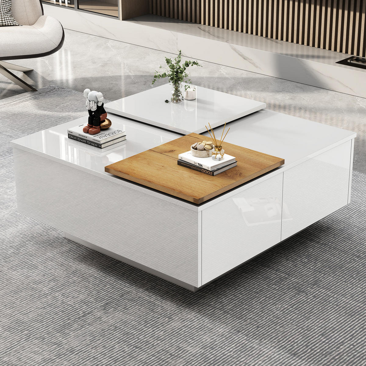 COUCHTISCH 75x75cm Weiß Hochglanz Quadratisch Holzoptik Einschiebeplatte 30kg - Weiß, Holz (85.85/85.85/13.97cm) - FLIEKS