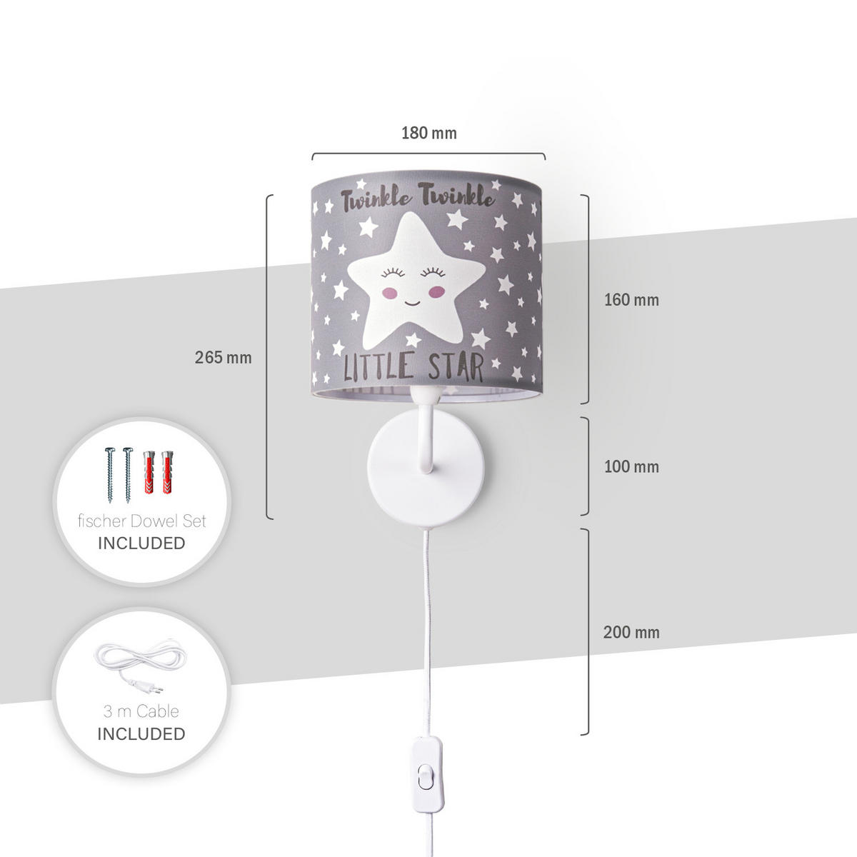 KINDERZIMMERLAMPE Luca Wl Ale 105 - Hellgrau, Metall (18/26.9/20.9cm) - Paco Home