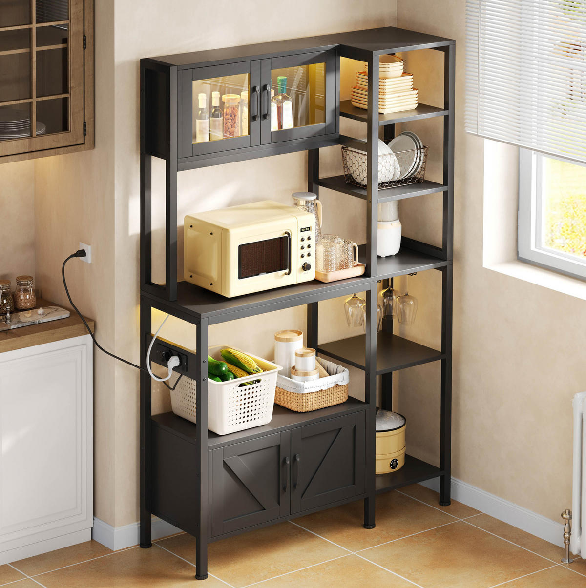 BUFFET 115/40/180 cm schwarz aus MDF und Stahl mit LED - Schwarz, Holzwerkstoff (115/180/40cm) - OKWISH