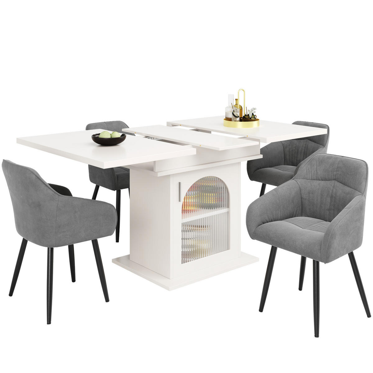 ESSTISCH 110-140x80x76 cm in Weiß aus MDF und Glas mit 3 Ablagen und Regenbogen-Glastüren ausziehbar - Weiß, Holzwerkstoff (140/80/76cm) - Modfu