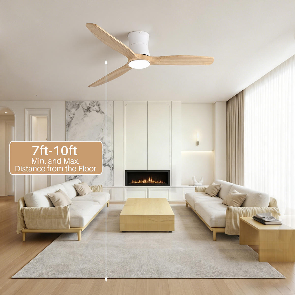 DECKENVENTILATOR 132cm Flachbau LED Licht Holzflügel DC Motor - Weiß, Kunststoff (132/132/24cm) - CASIVA