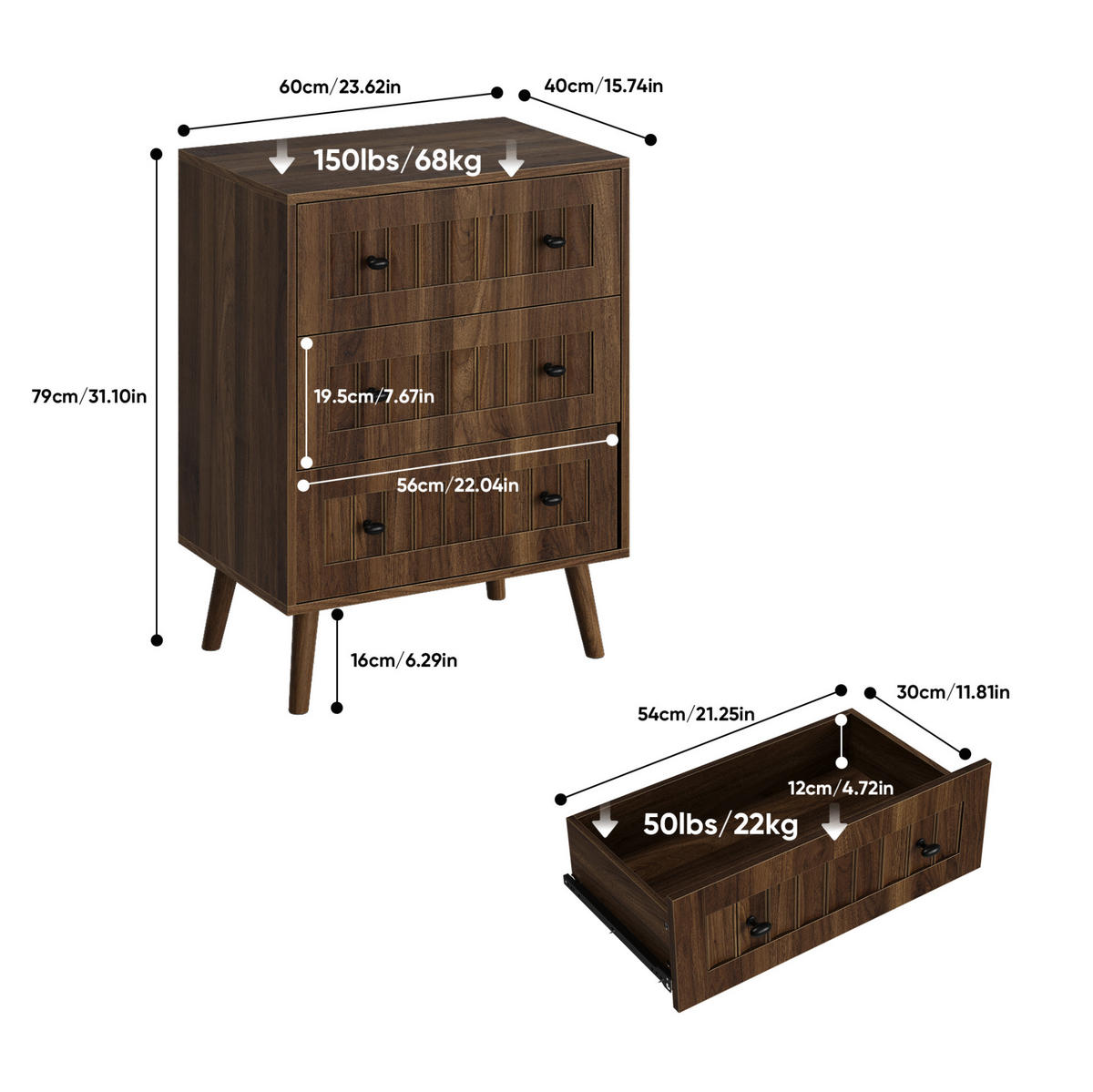 KOMMODE 60/79/40 cm Walnuss aus MDF mit 3 Schubladen - Walnussfarben, Holzwerkstoff (40/78/60cm) - OKMYHOME