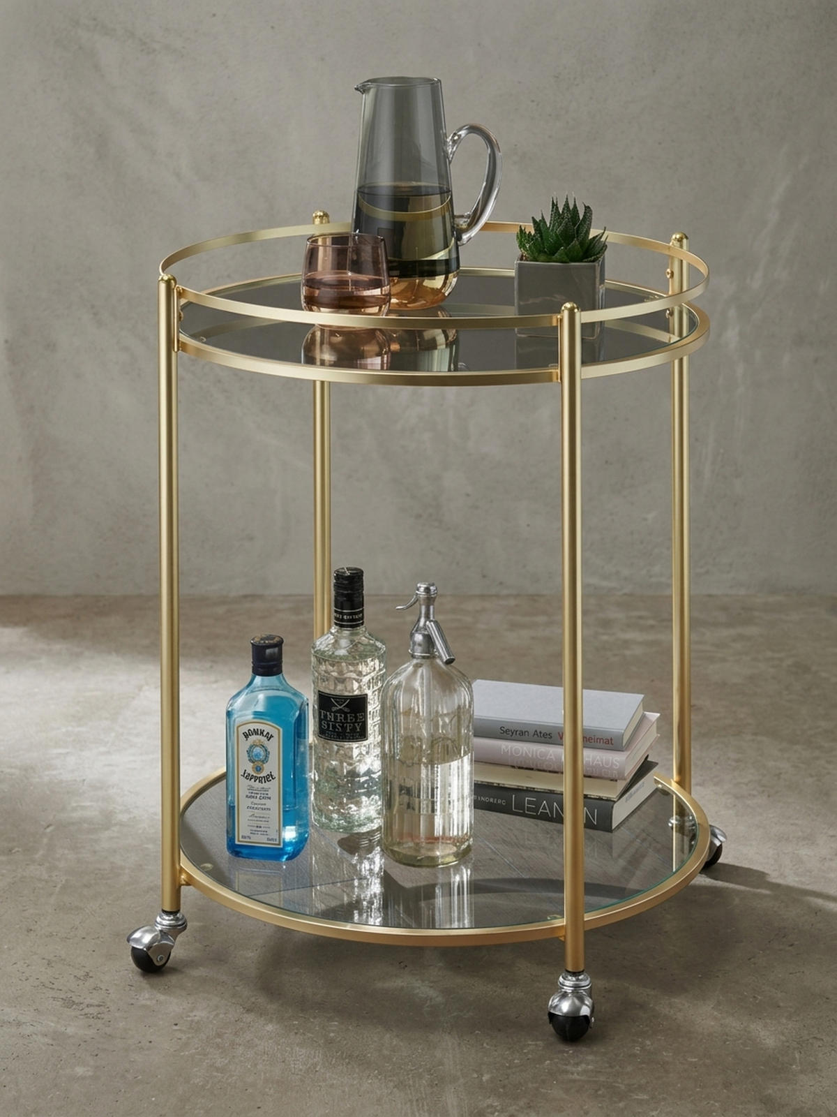 SERVIERWAGEN – Gold, Sicherheitsglas, auf Rollen - Goldfarben, Glas/Metall (57/75/57cm) - KADIMA DESIGN