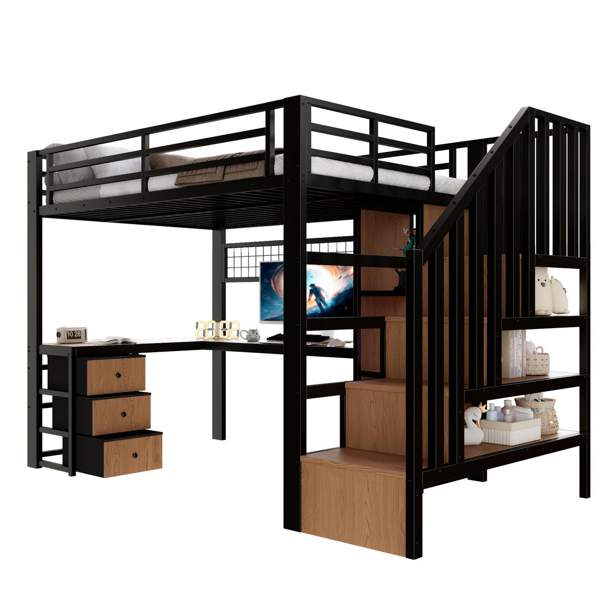 HOCHBETT 90/200 cm in Schwarz Kinderbett mit 4 Schubladen, LED und Schreibtisch - Schwarz, Holzwerkstoff/Metall (90/200cm) - STILVORA