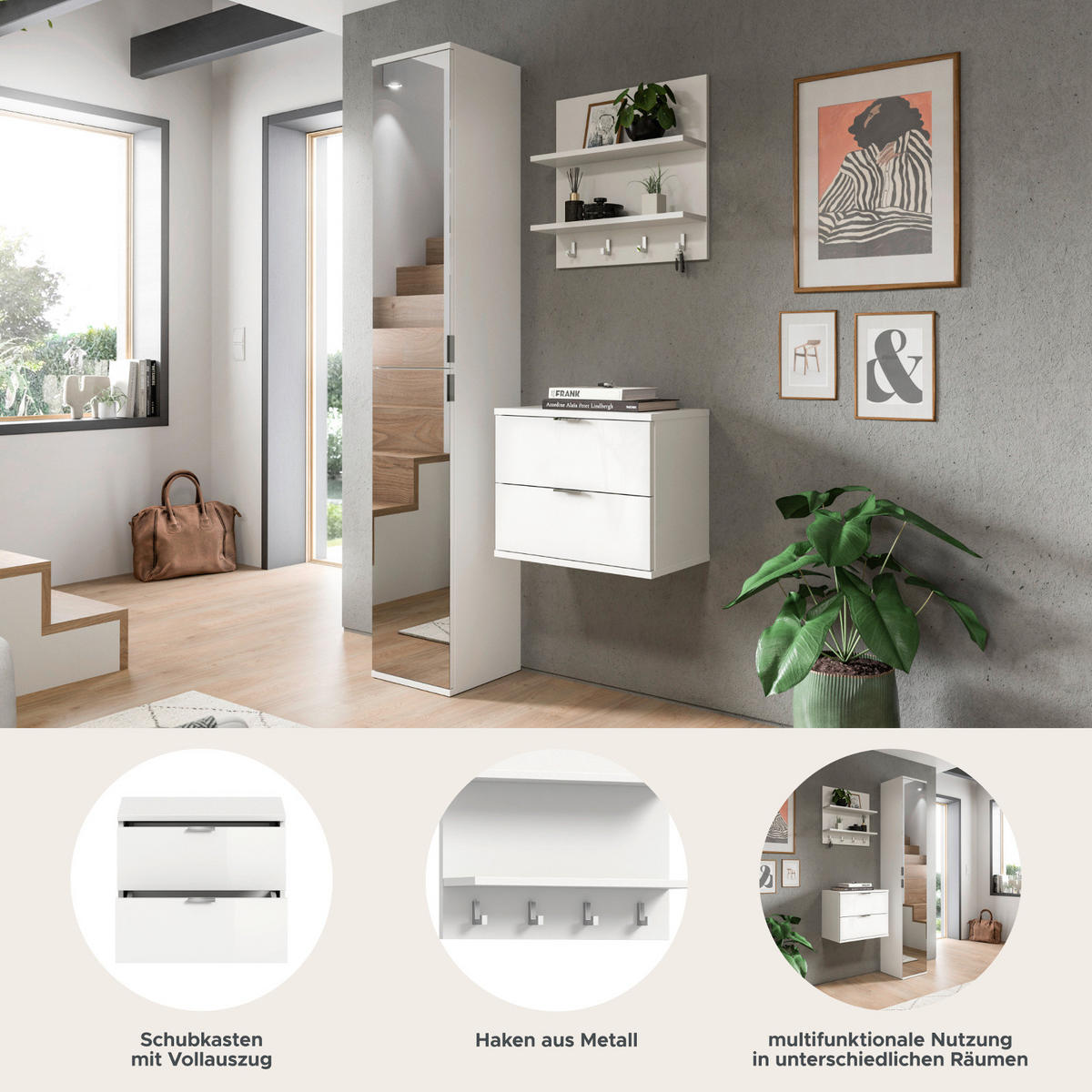 GARDEROBE Set 3-teilig weiß Hochglanz 97 cm, Komplettset mit Spiegel - Chromfarben/Weiß Hochglanz, Glas/Holzwerkstoff (97/193/34cm) - Inn.Furn