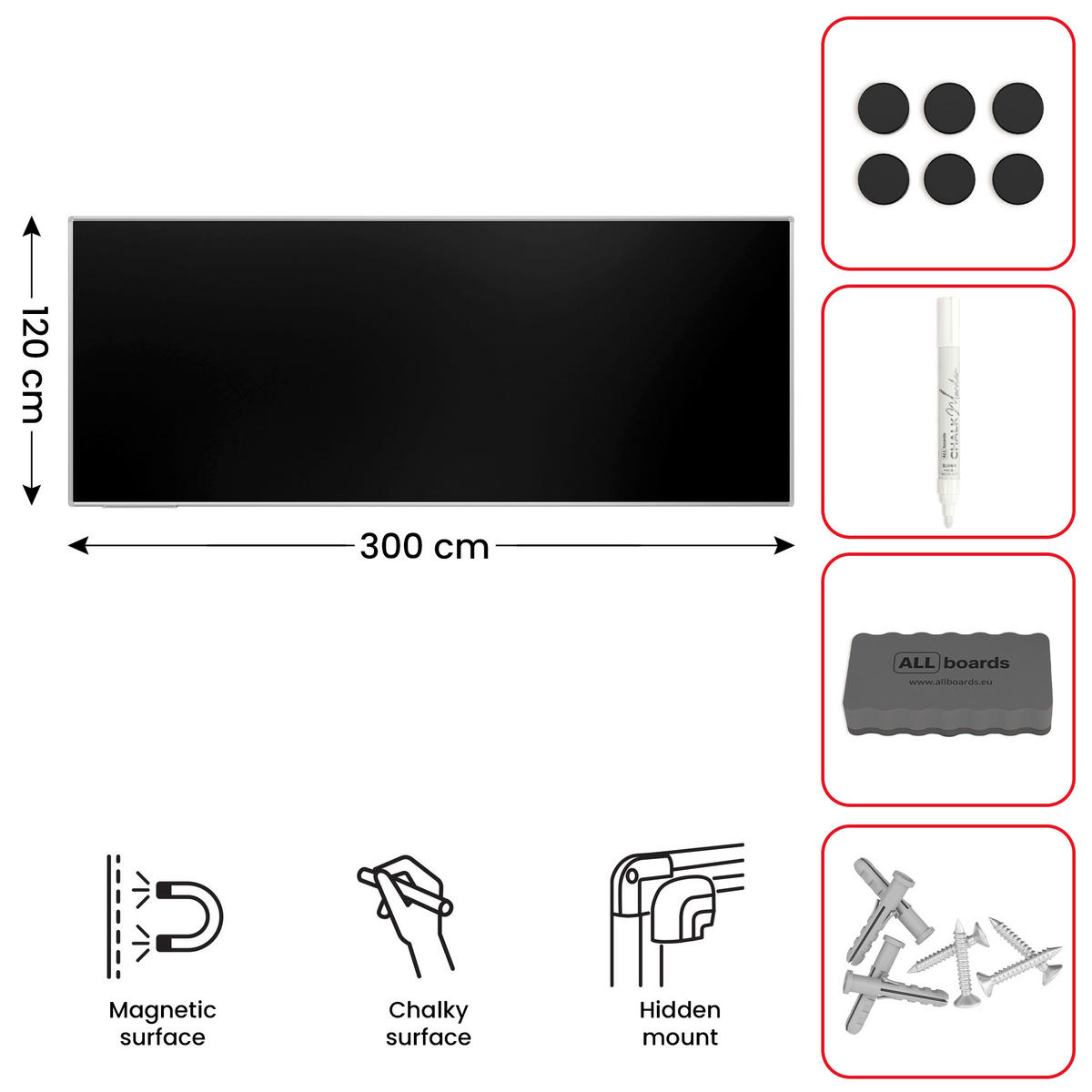 SCHWARZE magnetische Kreidetafel mit Alurahmen Premium EXPO 300x120cm - Schwarz, Metall (300/120/1.6cm) - ALLboards