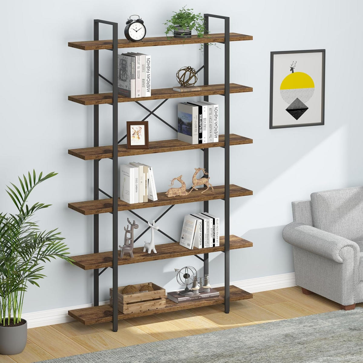STANDREGAL Industrial Holzoptik Metall 6 Fächer 120 x 32 x 215,5 cm - Wildeiche, Holzwerkstoff/Metall (122/215.5/32cm) - Quality Elegance