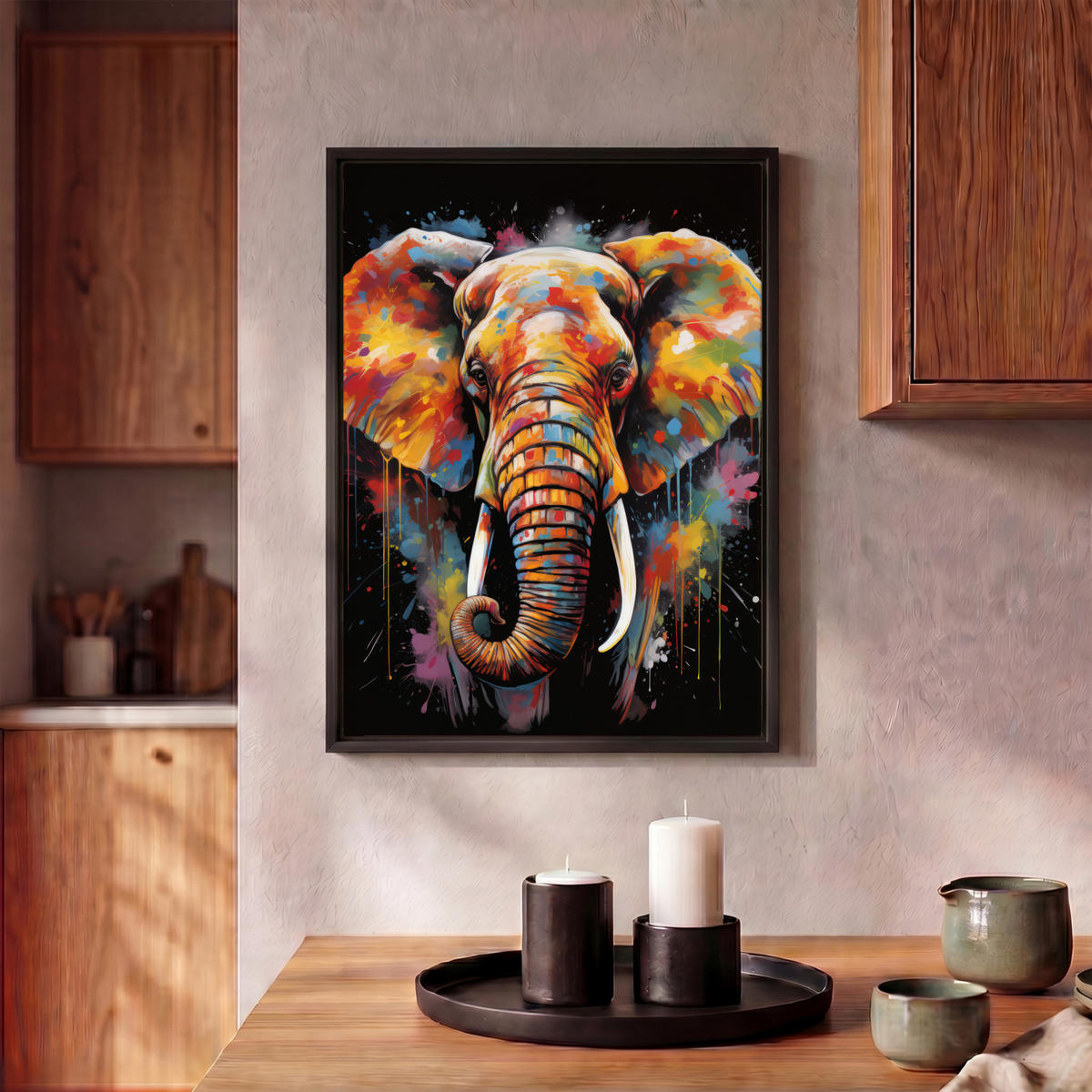 LEINWAND Bilder mit Rahmen - Elefant - Graffiti - Schwarz - Tiere - Farben - 30x40 - Schwarz, Textil (30/40cm) - MuchoWow