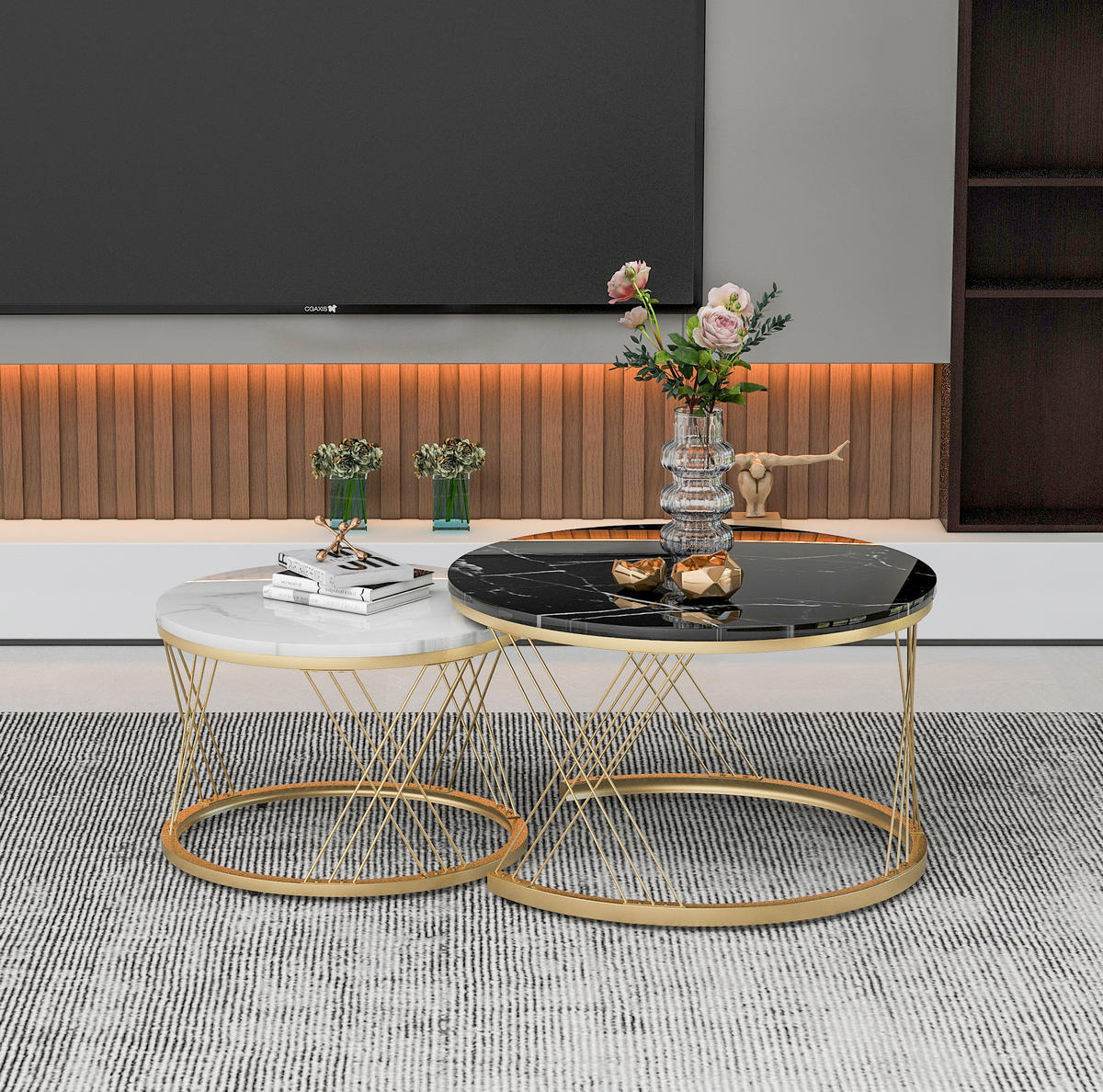KLUBSKA miza, komplet 2 kosov 70/70/45 in 45/45/40 cm MDF črna z marmornim dekorjem - črna, leseni material (70/70/45cm) - BEAOK
