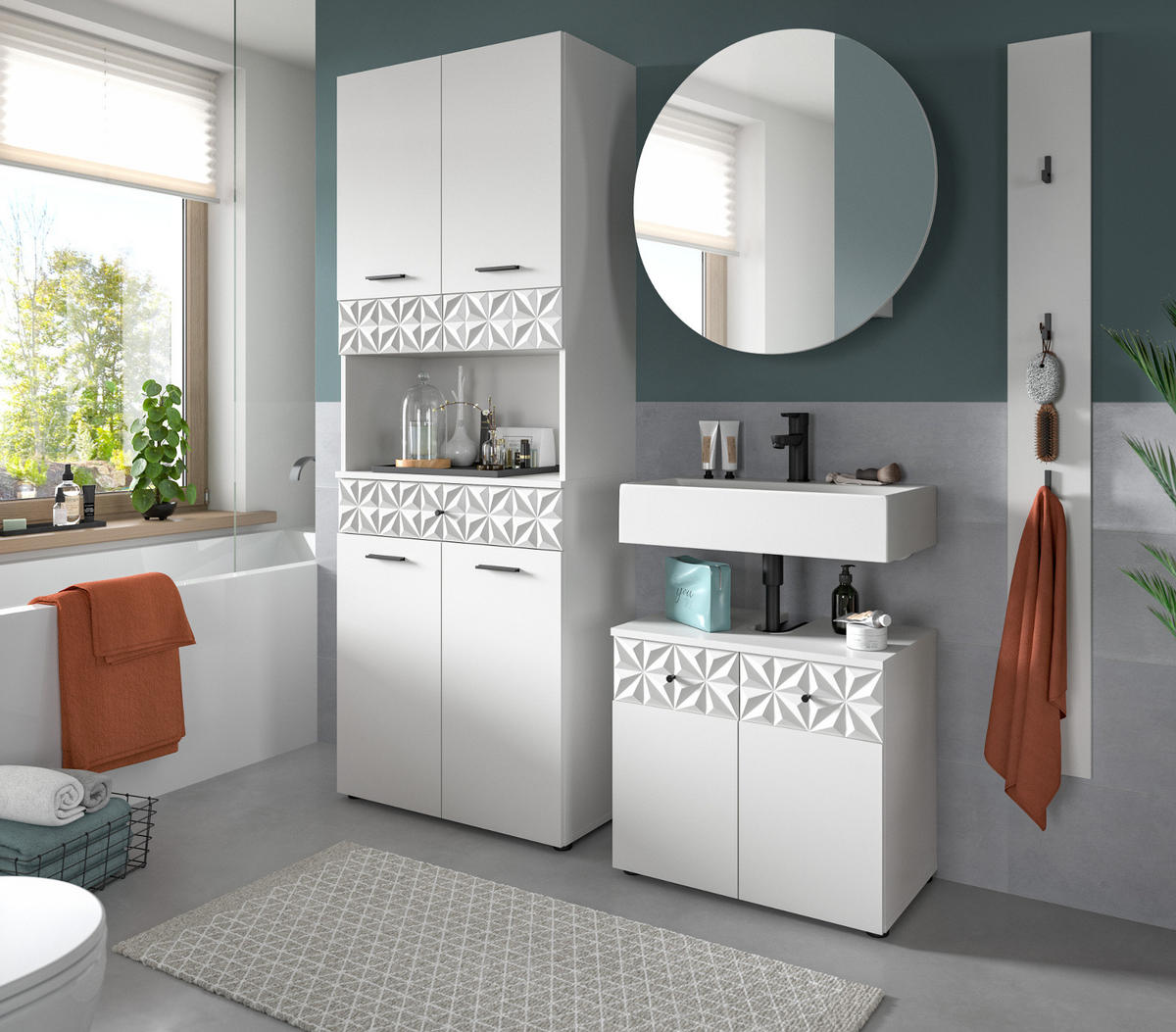 HOCHSCHRANK weiß Hochglanz 70 cm, Badschrank mit 3D-Struktur - Weiß Hochglanz/Schwarz, Holzwerkstoff/Kunststoff (70/187/34cm) - Inn.Furn