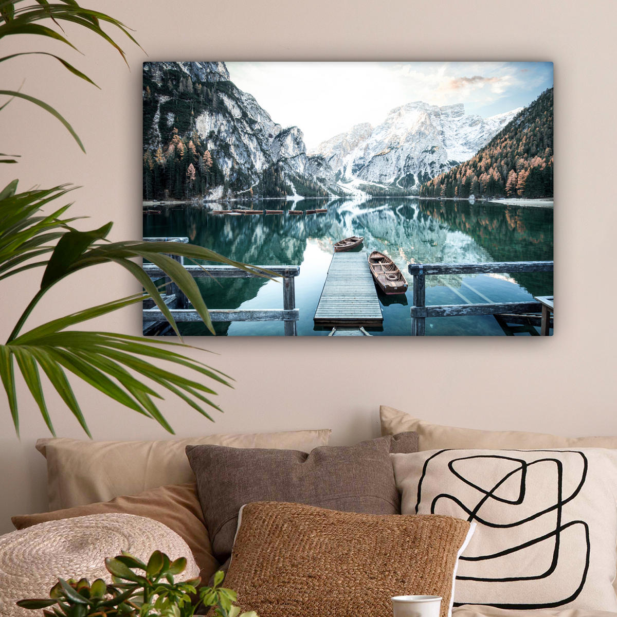 LEINWANDBILD Natur - Berge - Schnee - Wald - Boot Wanddeko 90x60 cm - Hellgrün, Textil (90/60cm) - MuchoWow