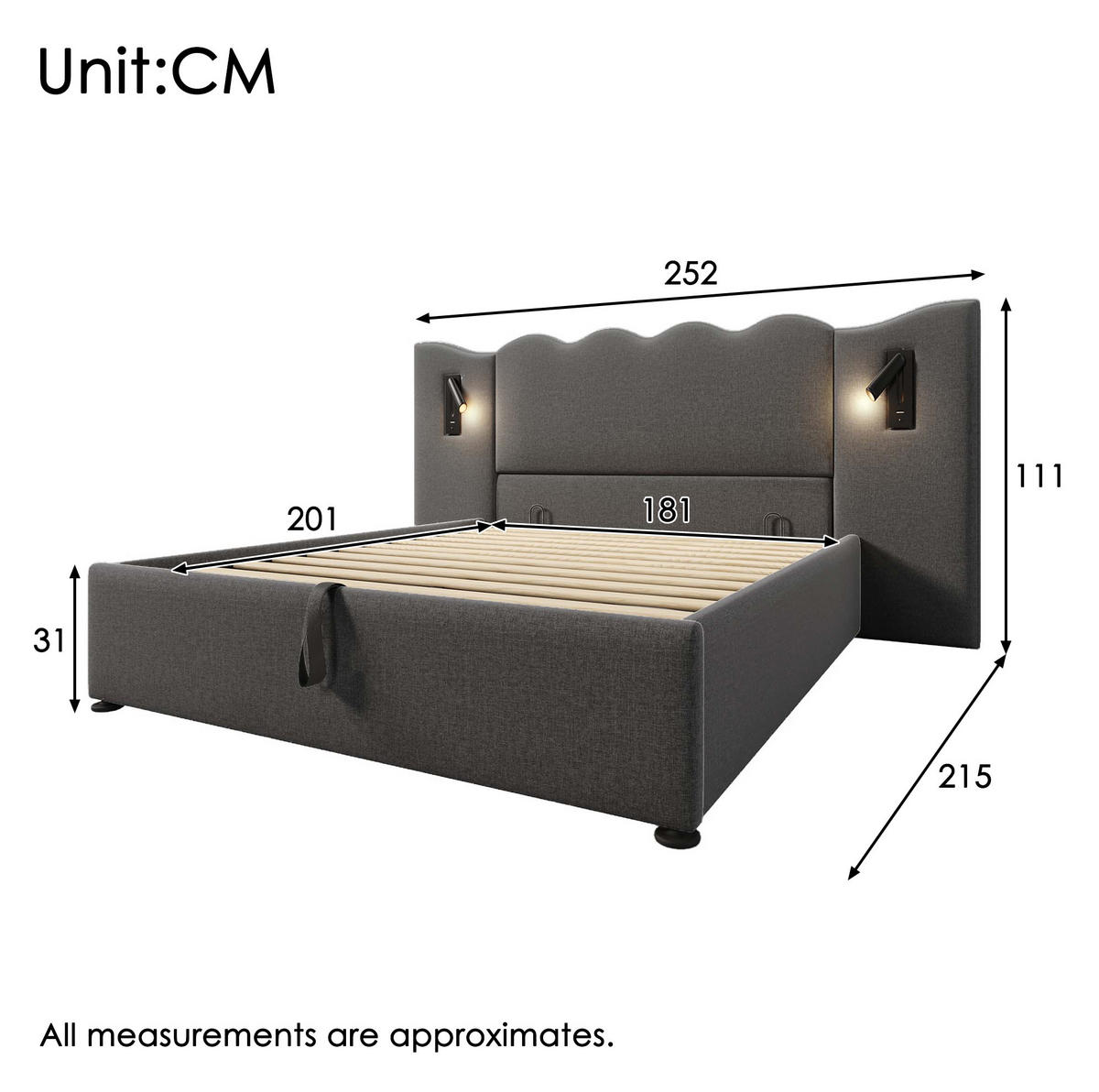 POLSTERBETT 180/200 cm mit Leselampe, USB-C, Stauraum und Wellenkopfteil, Leinen, Grau - Grau, Textil (180/200cm) - Redom