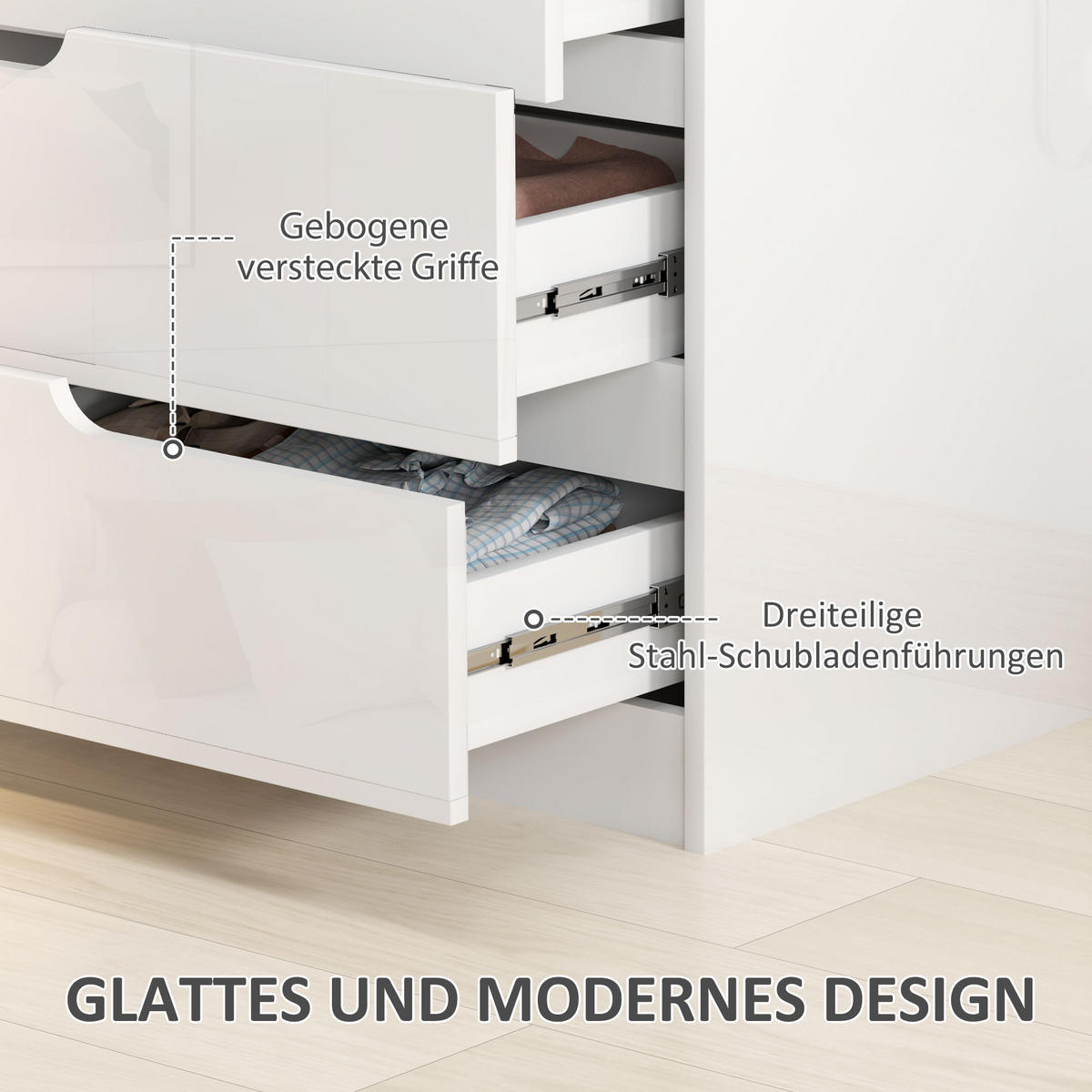 KOMMODE Beistellschrank mit 4 Schubladen, Hochglanzweiß 60 x 40 x 85cm - Weiß, Holzwerkstoff (60/85/40cm) - HOMCOM