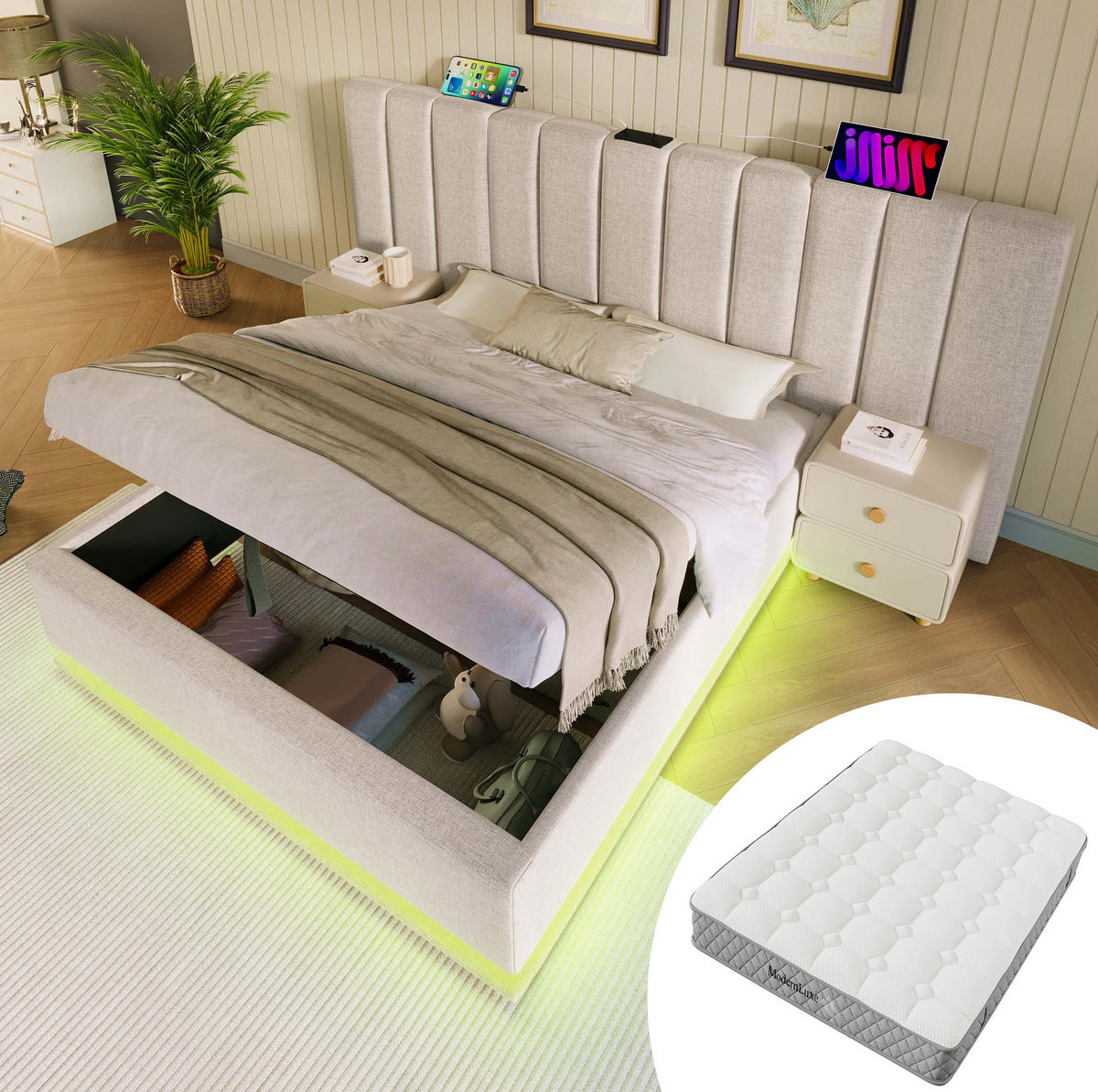 POLSTERBETT 180/200 cm Beige aus Leinen mit Matratze, LED und USB-C - Beige, Textil (180/200cm) - OKMYHOME