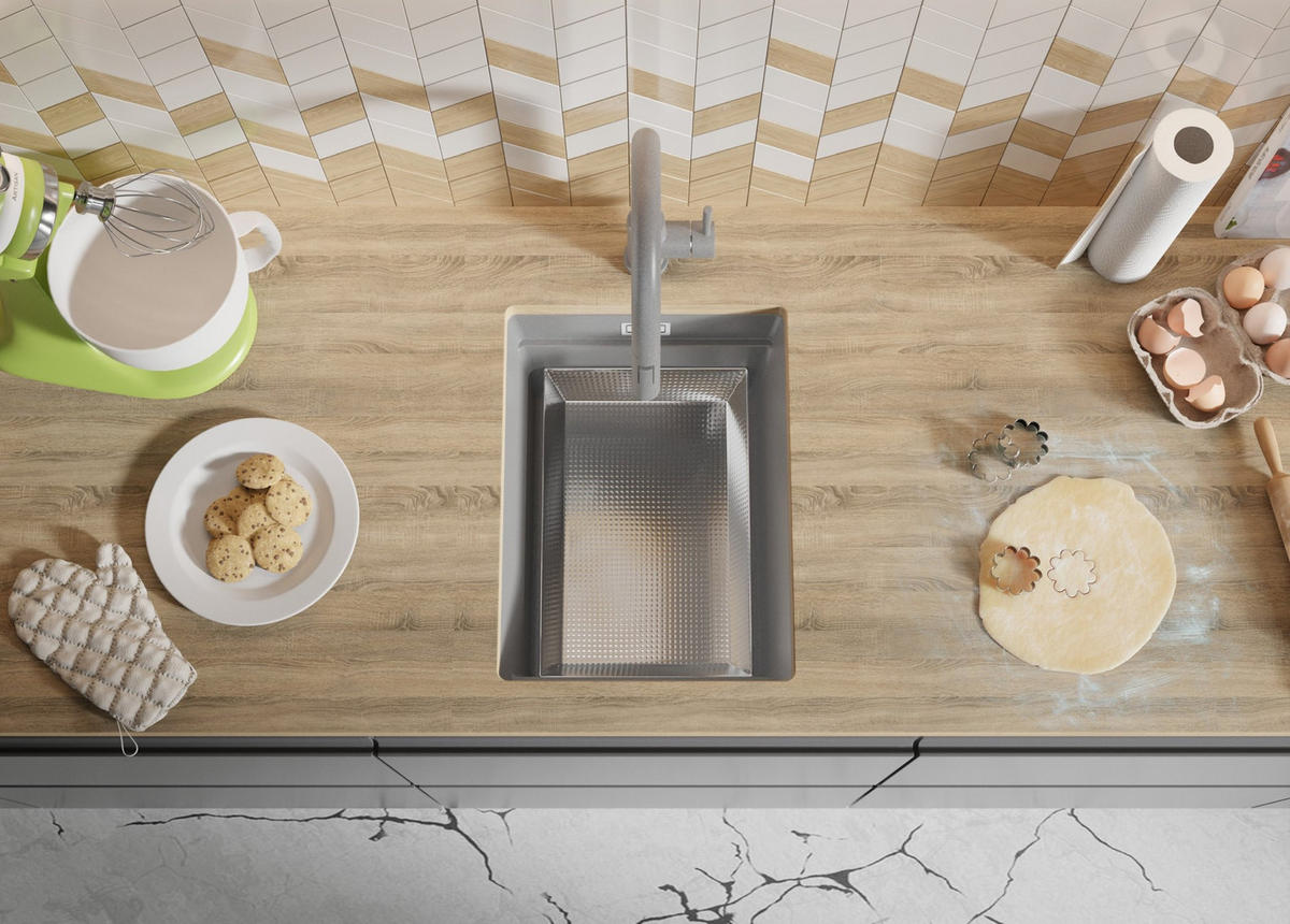 UNTERBAUSPÜLE GRANIT Praga, 2-er set Grau 36/47 cm 1 Becken + Ablauf-Set + Aufrollbare Abtropffläche ab 40er Unterschrank - Chromfarben/Grau, Kunststoff (36/20/47cm) - Primagran