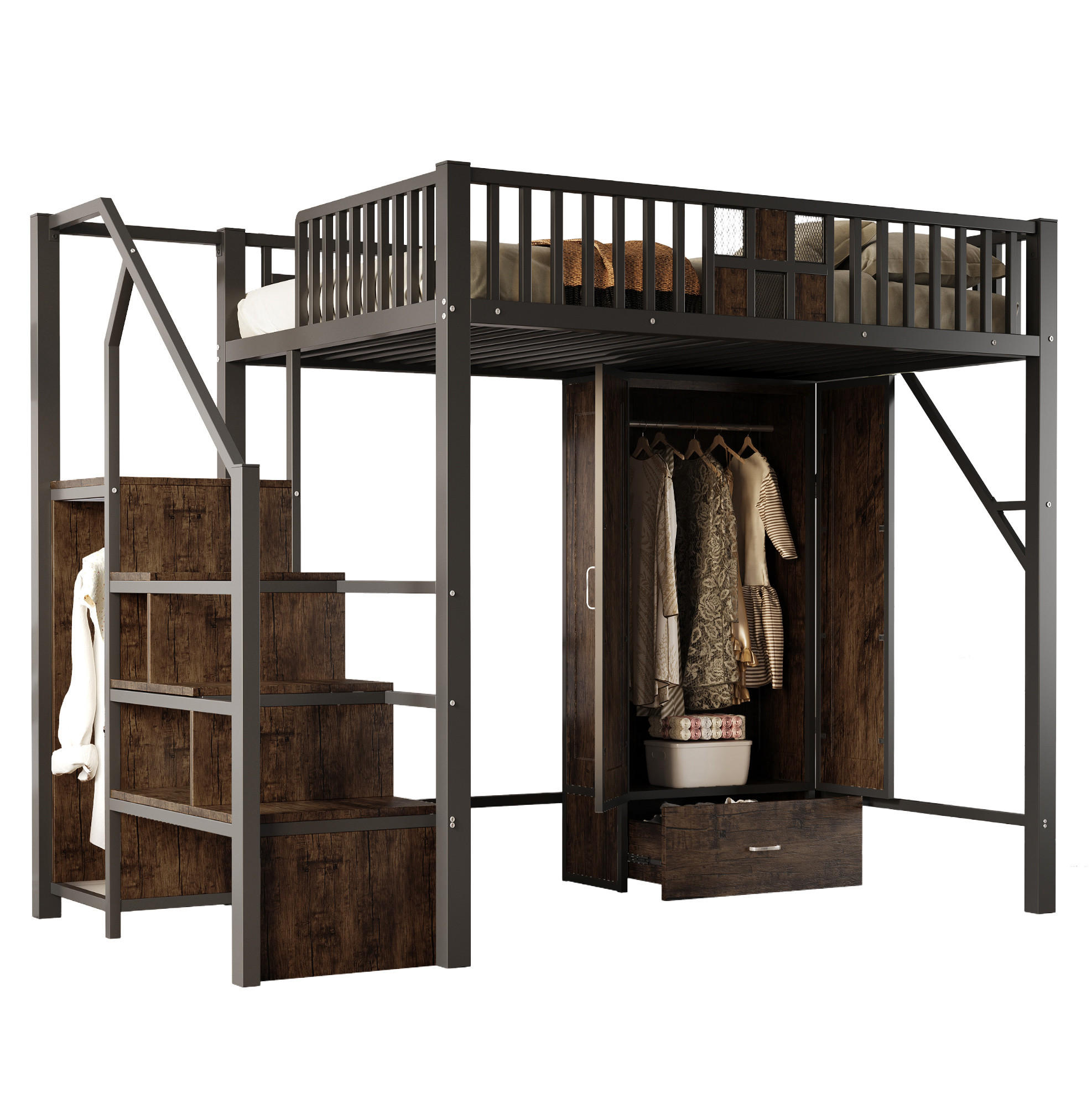 HOCHBETT 140/200 cm aus Metall und Holz mit Kleiderschrank und Aufbewahrungsleiter Schwarz - Schwarz, Metall (140/200cm) - Modenvie