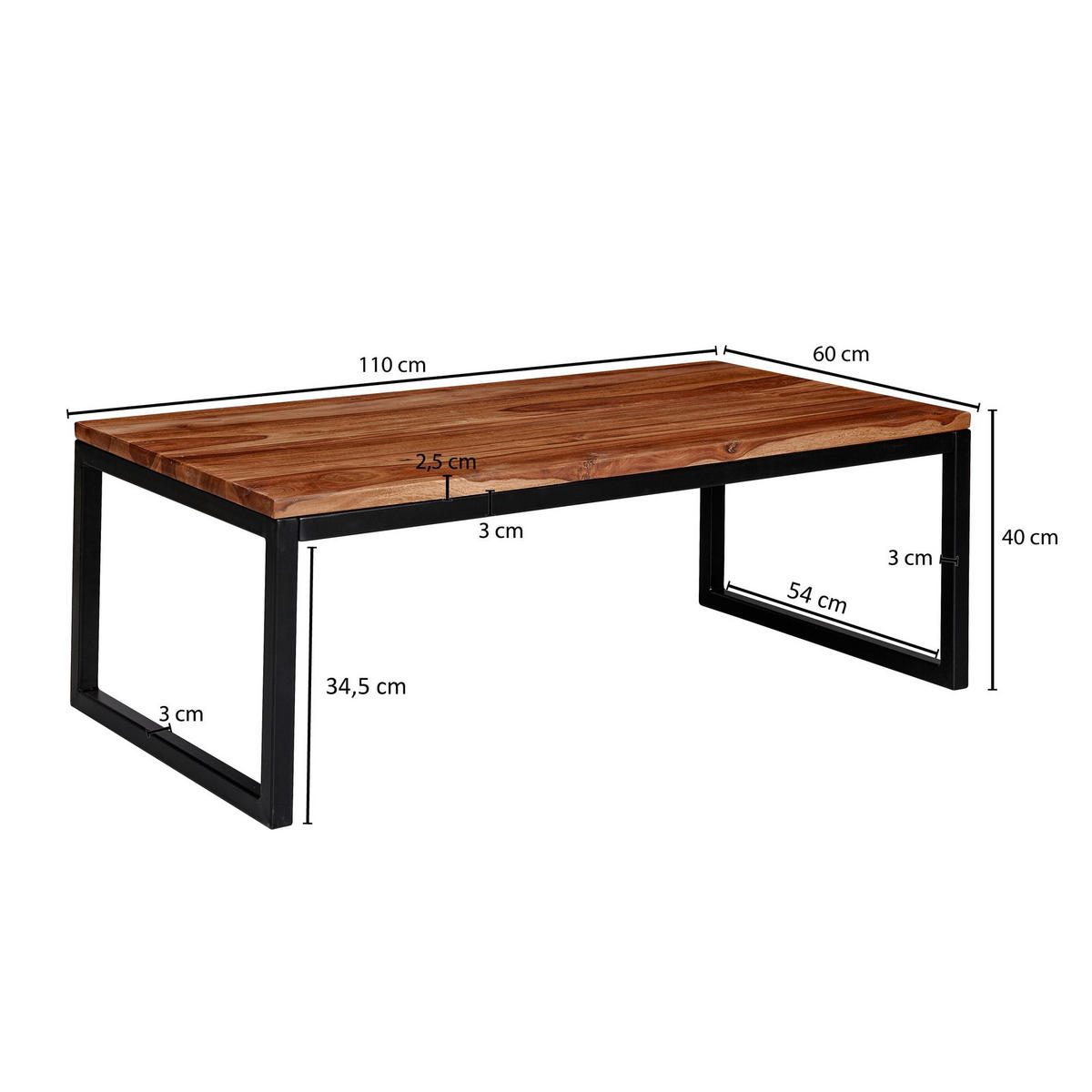 COUCHTISCH Industrie-Stil in Sheesham-Holz massiv, Unikat mit einzigartiger Maserung - Schwarz/Braun, Holz/Metall (60/110/40cm) - KADIMA DESIGN