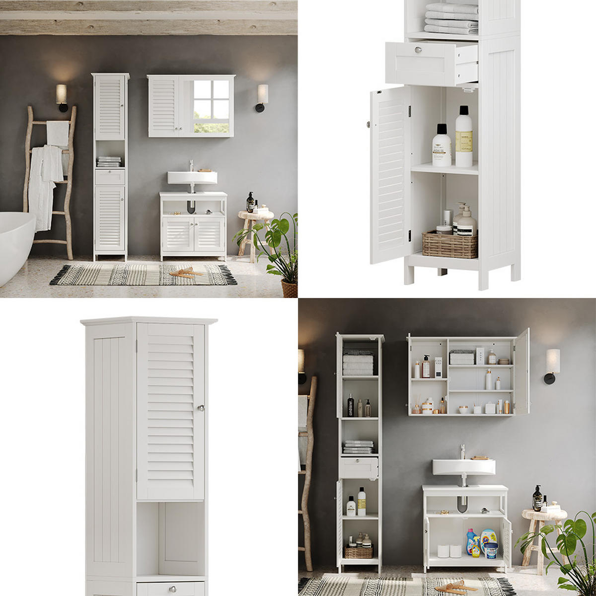 BADSCHRANK Riad Weiß 32 x 170 cm mit Türen, Schublade und offenem Fach - Weiß, Holzwerkstoff (32/170/30cm) - Vicco
