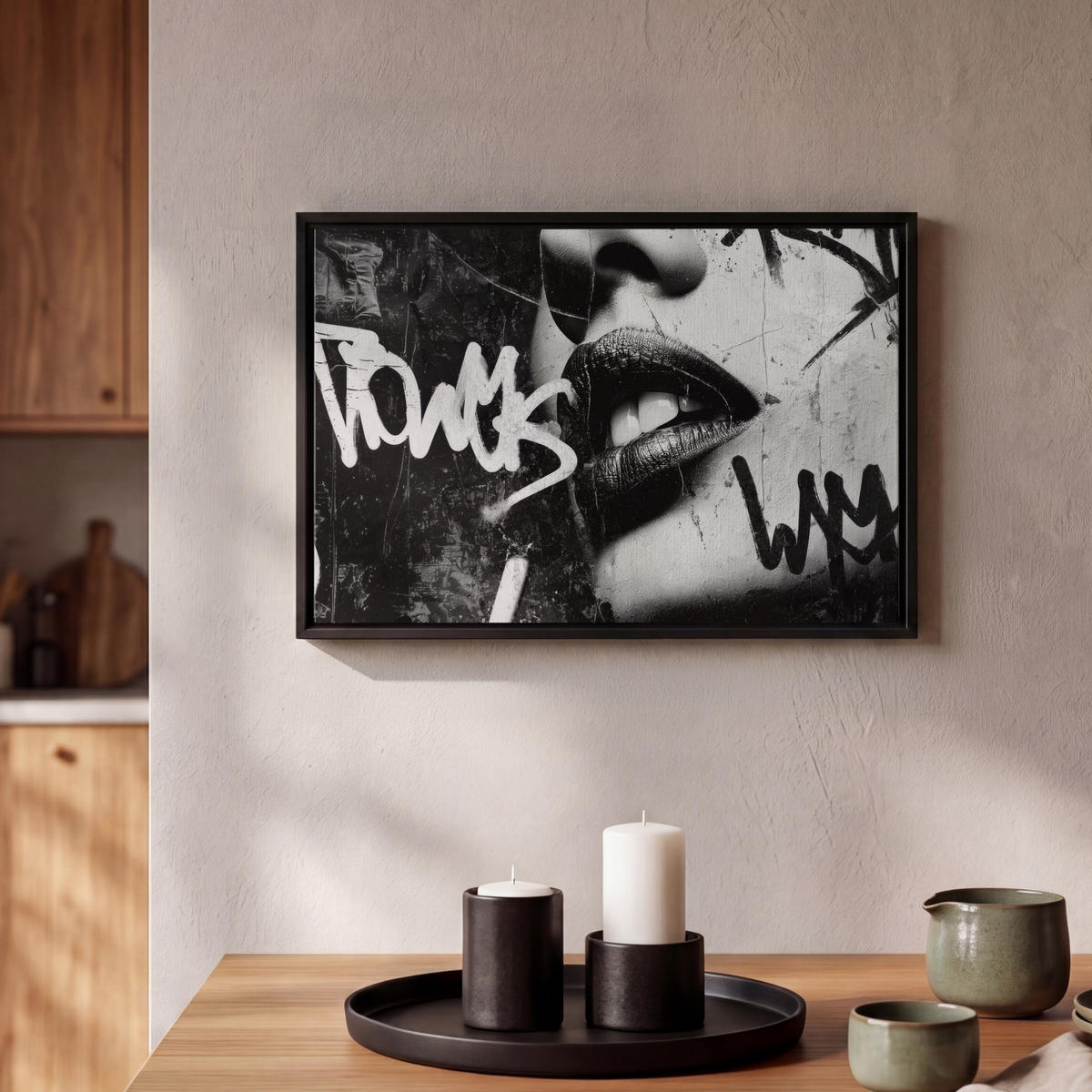 LEINWAND Bilder mit Rahmen - Gesicht - Mund - Graffiti - Schwarz - 30x20 - Schwarz, Textil (30/20cm) - MuchoWow