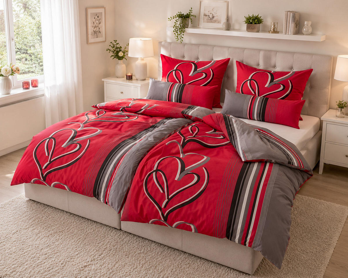 BETTWÄSCHE Herzen Rot/Grau 135x200 cm 2-teilig 40x80 cm - Multicolor, Naturmaterialien (155/200cm) - Nesbel – Beauty & Ambiente